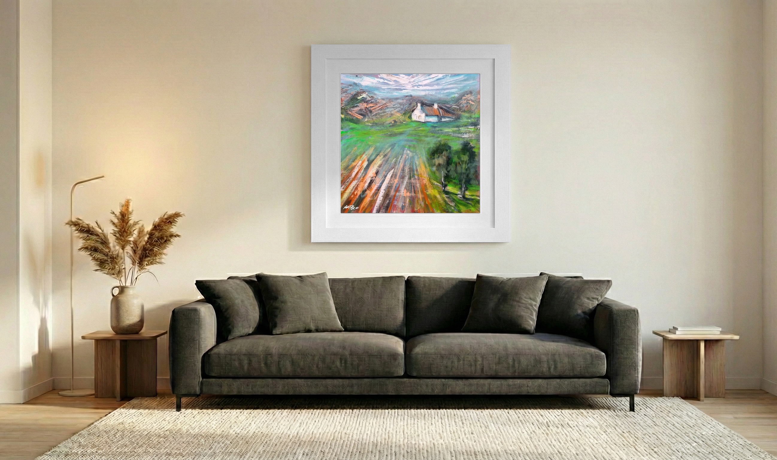 Emerald and Olive Landscape in Acrylic — art on the wall, room interior preview 3