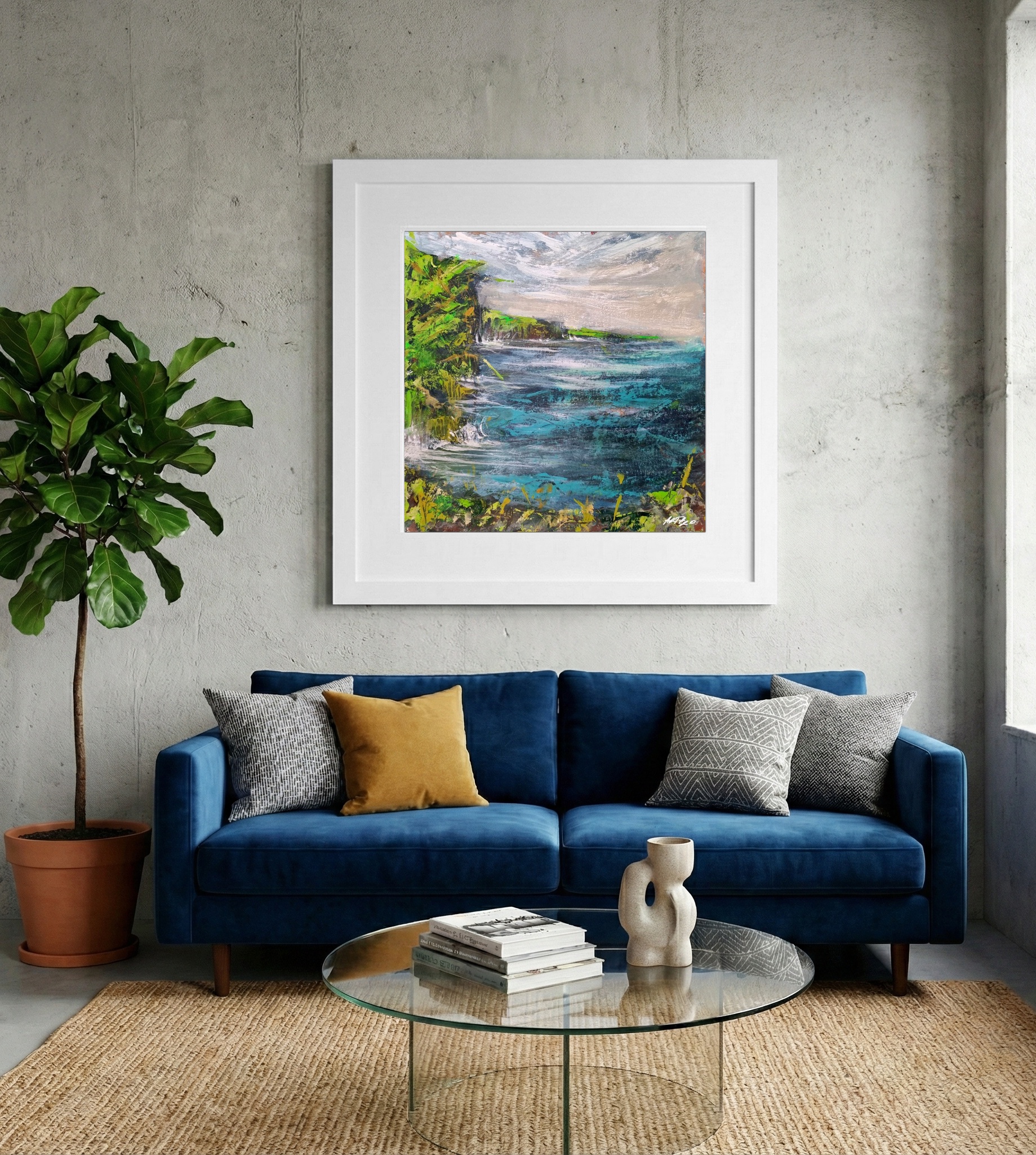 Emerald and Turquoise Seascape on Paper — art on the wall, room interior preview 2
