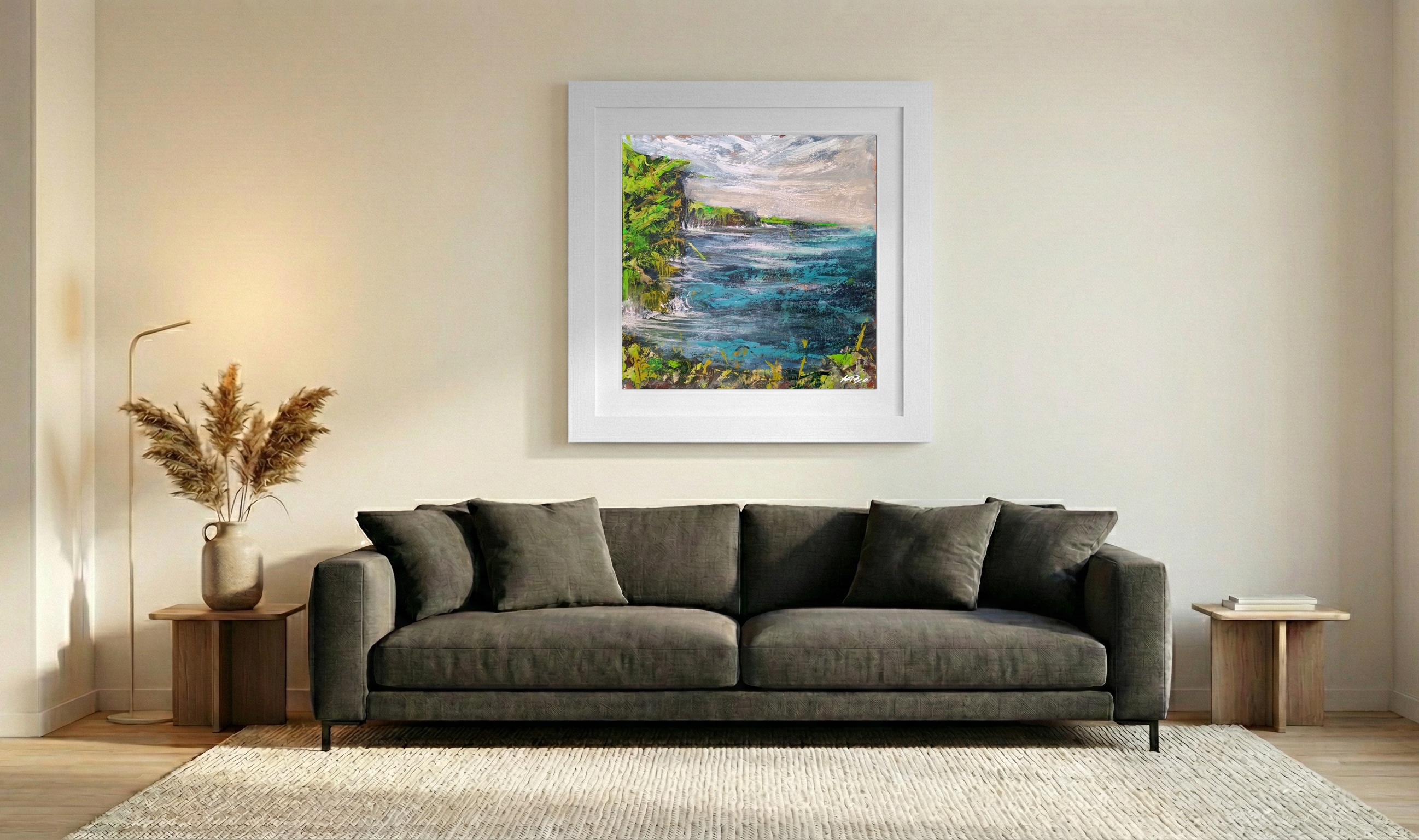 Emerald and Turquoise Seascape on Paper — art on the wall, room interior preview 3
