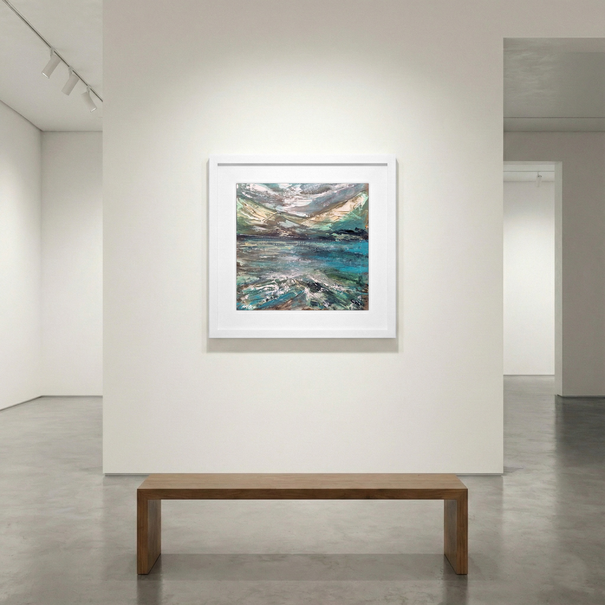 Teal and Emerald Seascape on Paper — art on the wall, room interior preview 1