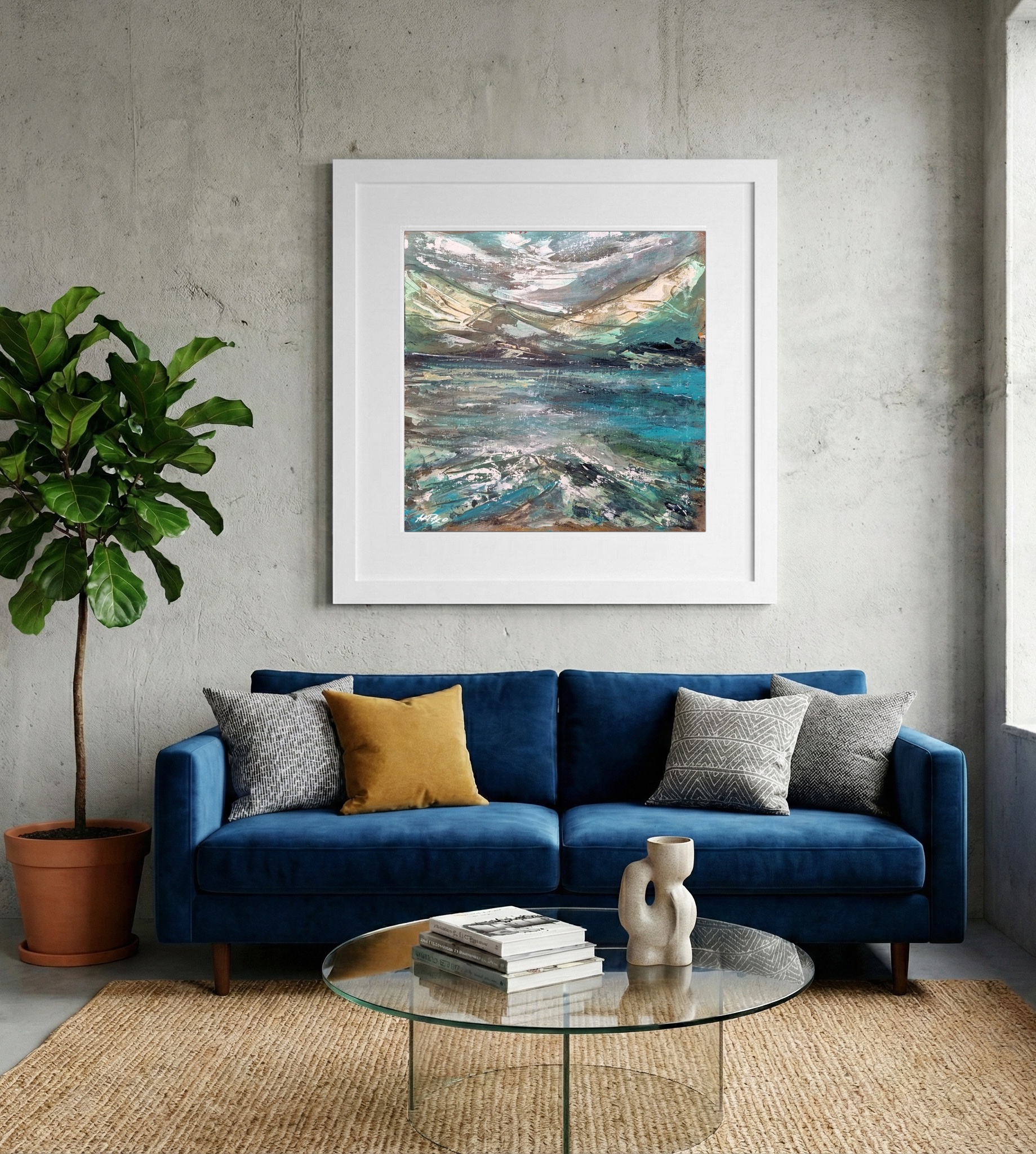 Teal and Emerald Seascape on Paper — art on the wall, room interior preview 2