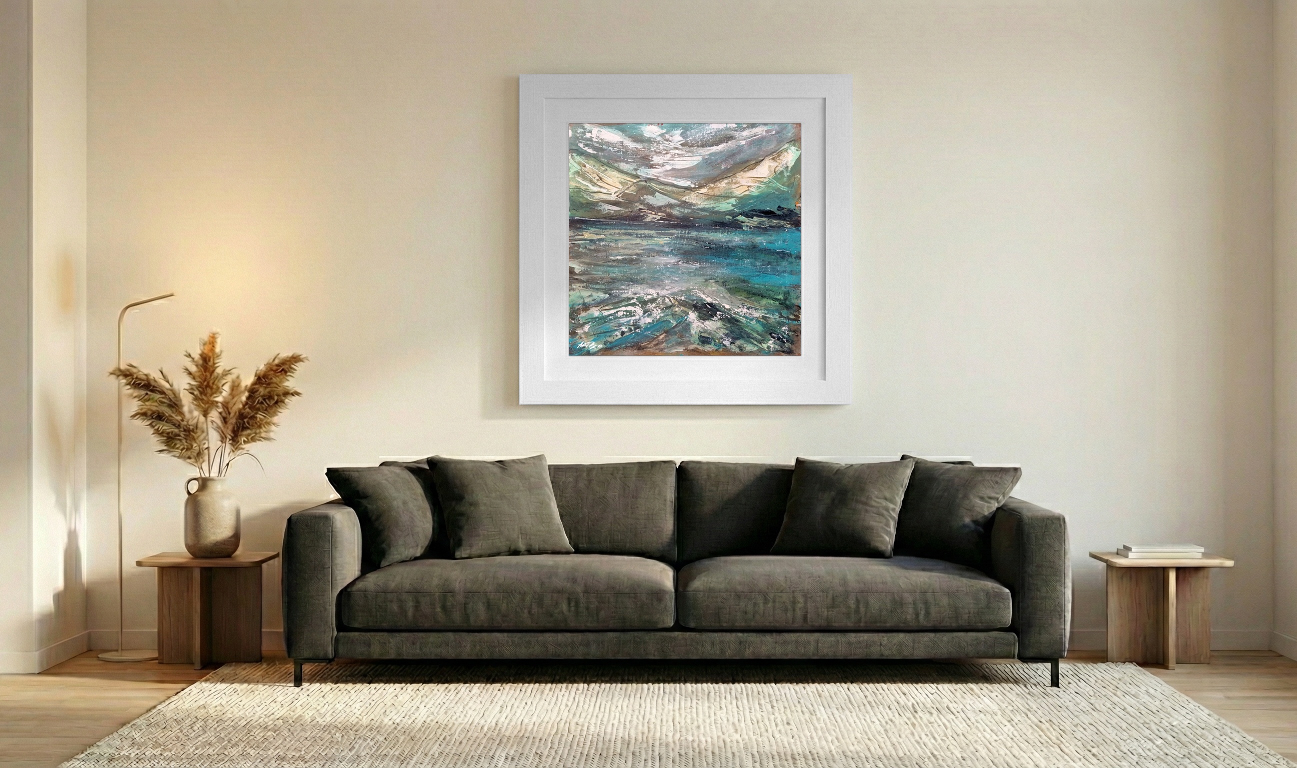 Teal and Emerald Seascape on Paper — art on the wall, room interior preview 3