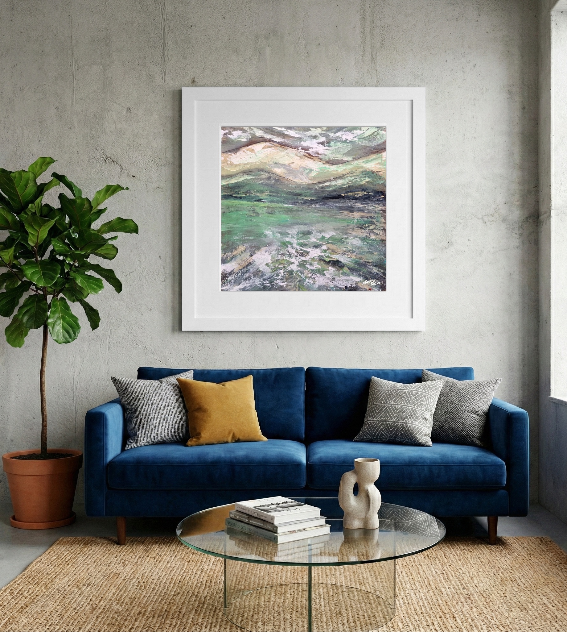 Mint Green and Beige Landscape on Paper — art on the wall, room interior preview 2