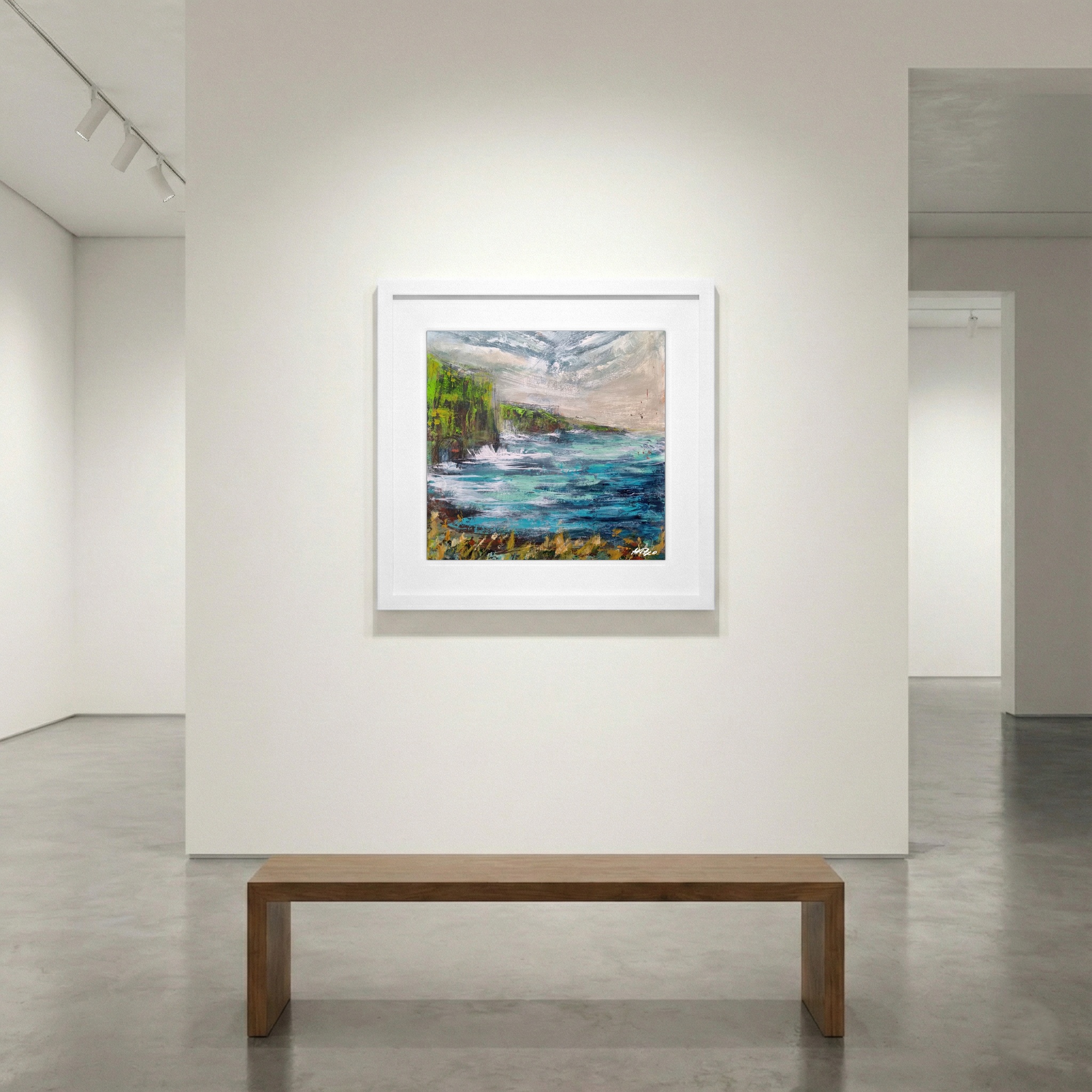Teal and Green Coastal Cliffs on Paper — art on the wall, room interior preview 1