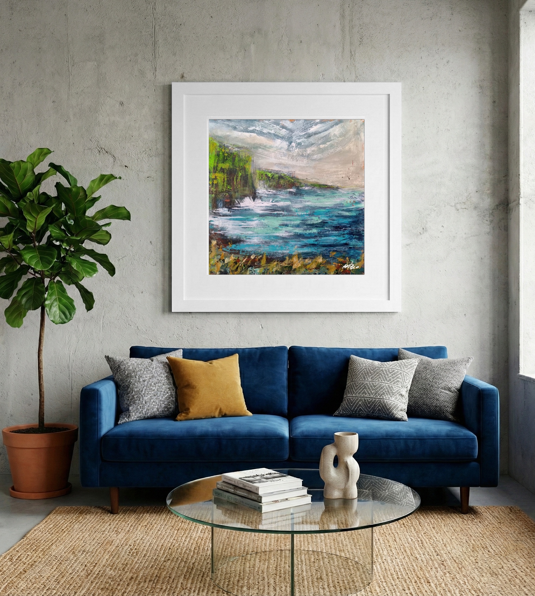 Teal and Green Coastal Cliffs on Paper — art on the wall, room interior preview 2