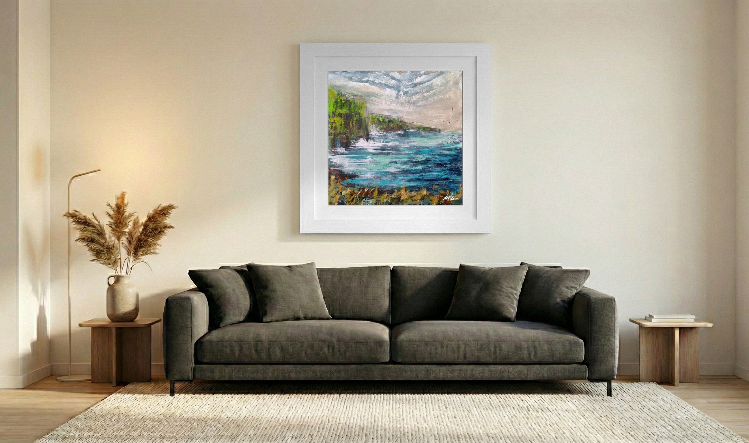 Teal and Green Coastal Cliffs on Paper — art on the wall, room interior preview 3