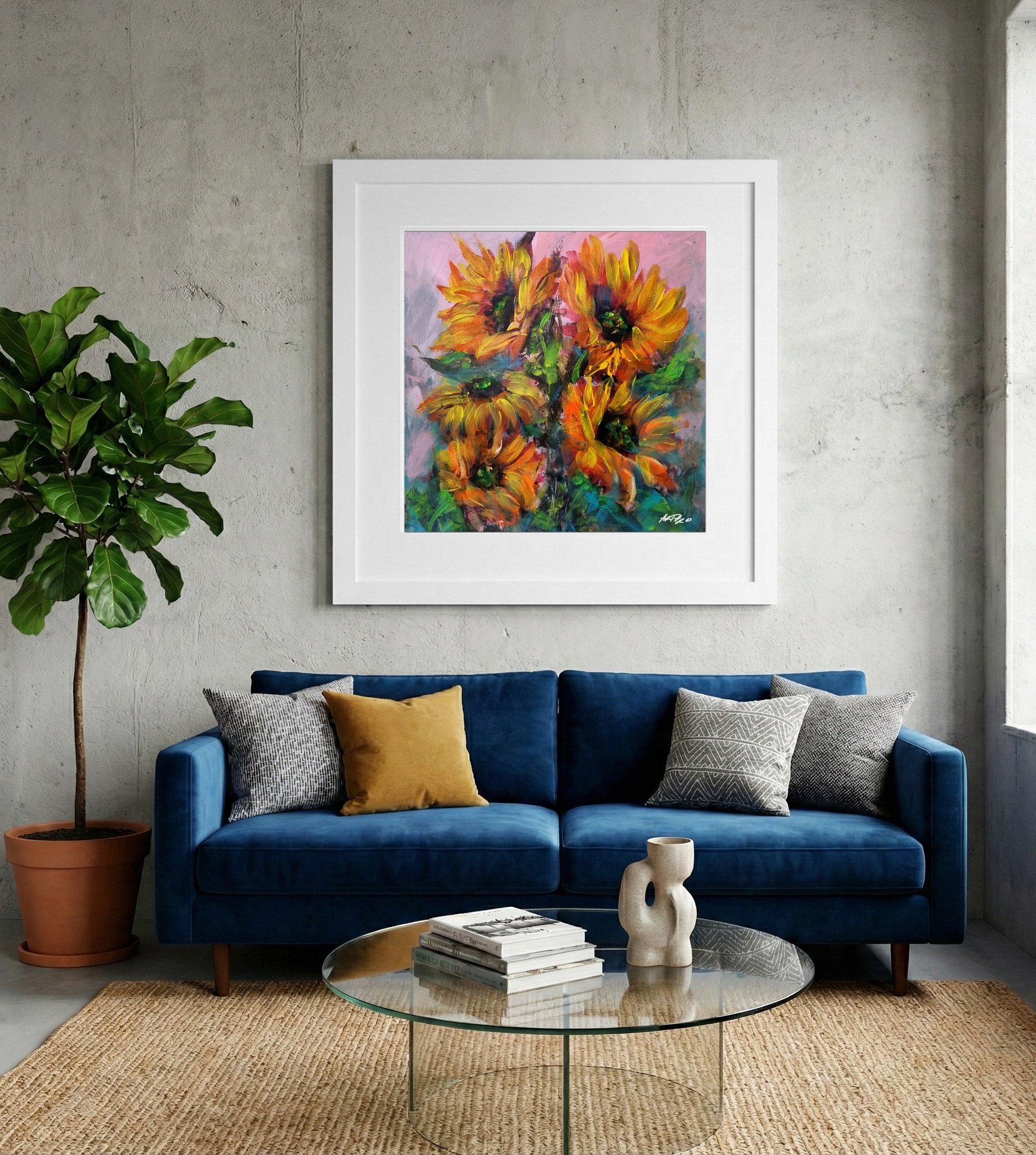 Sunflower in Orange and Yellow Acrylic — art on the wall, room interior preview 2