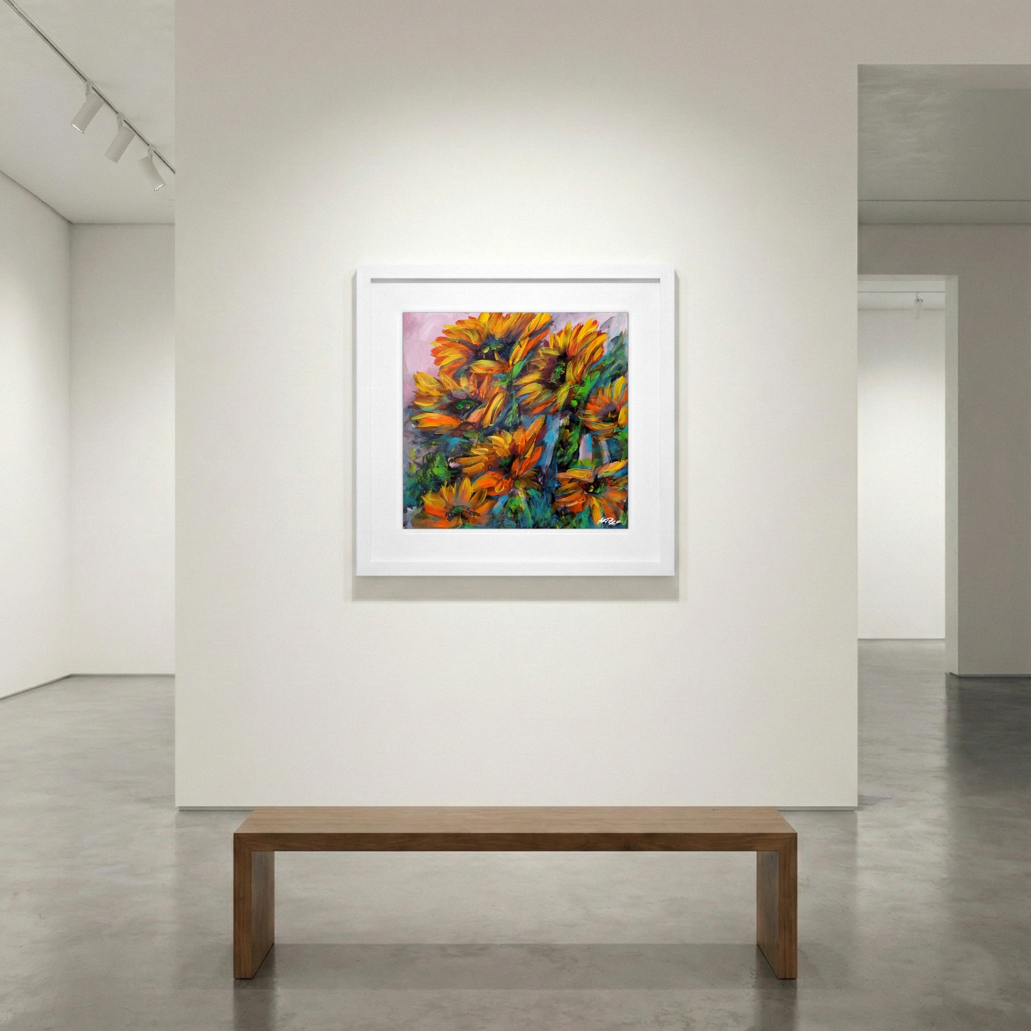 Fiery Orange and Yellow Sunflower on Paper — art on the wall, room interior preview 1