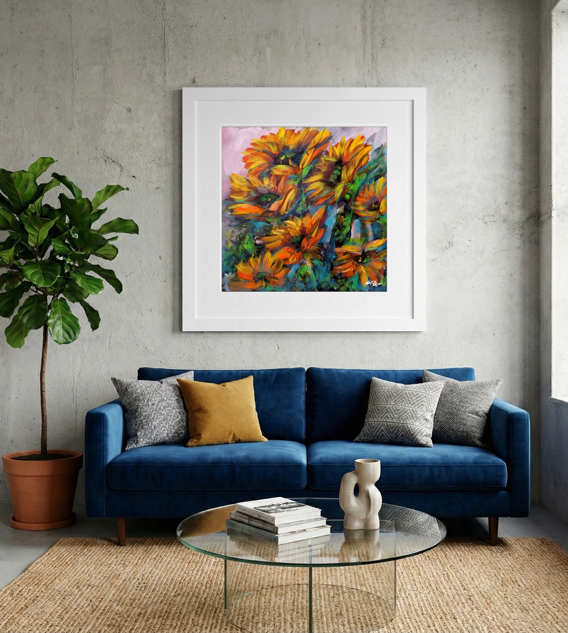 Fiery Orange and Yellow Sunflower on Paper — art on the wall, room interior preview 2
