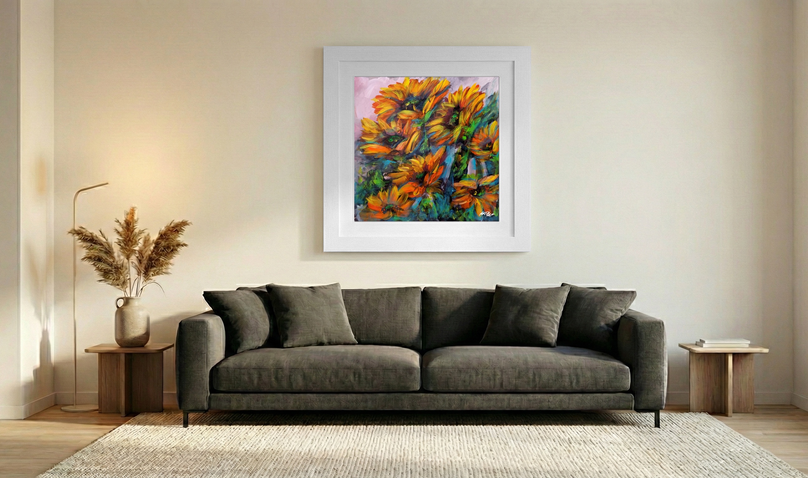 Fiery Orange and Yellow Sunflower on Paper — art on the wall, room interior preview 3