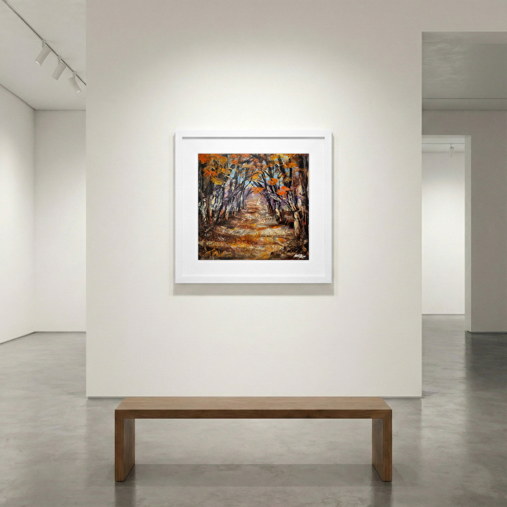 Burnt Orange Forest Path in Acrylic — art on the wall, room interior preview 1