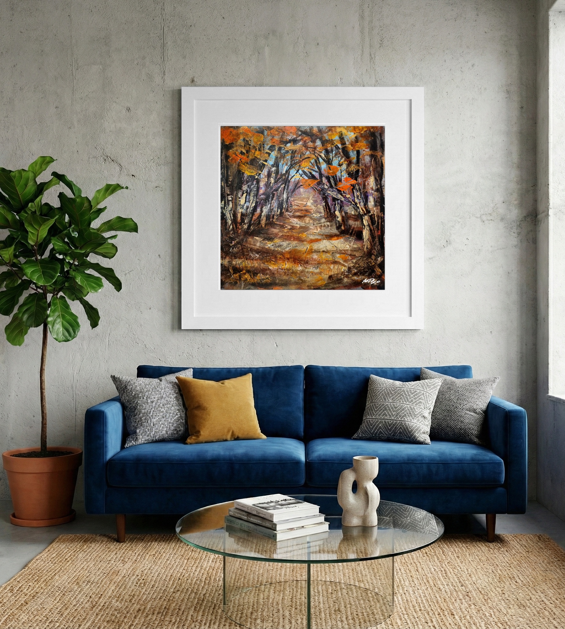 Burnt Orange Forest Path in Acrylic — art on the wall, room interior preview 2