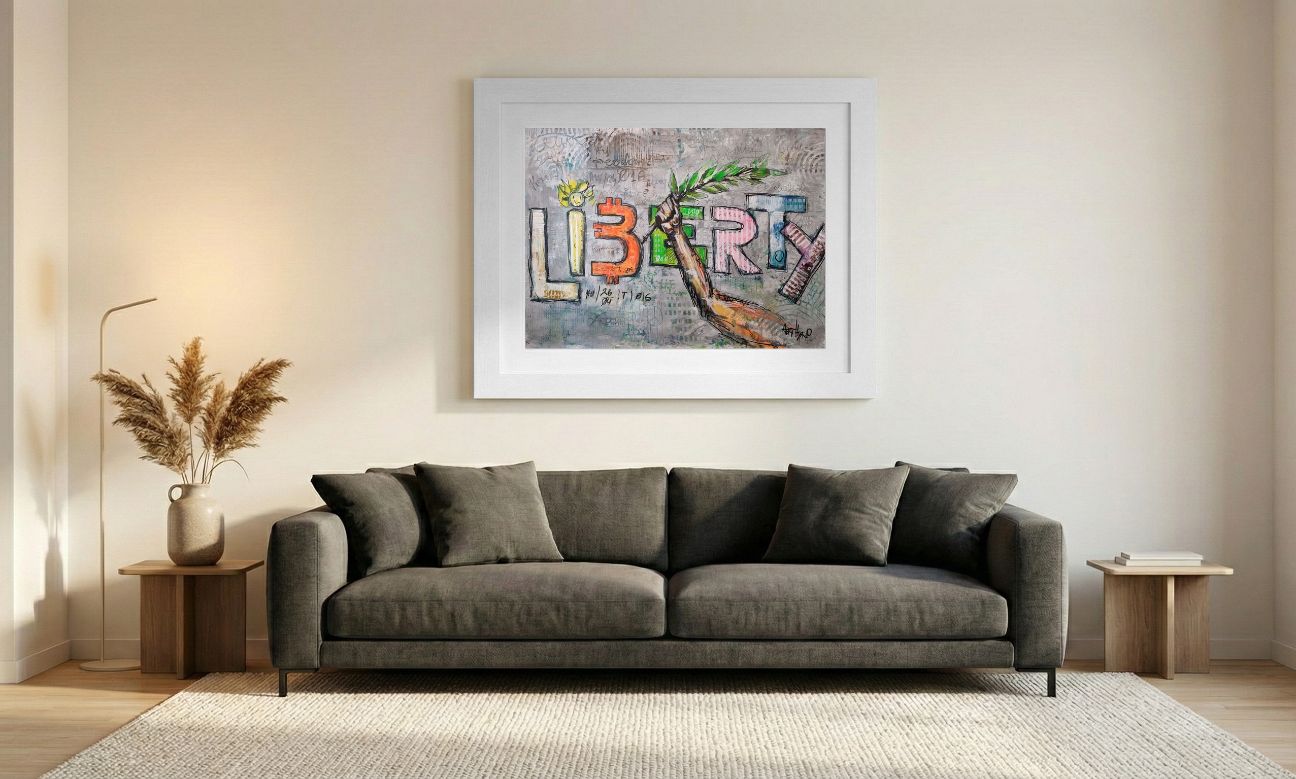 Bold Pink and Green Mixed Media Canvas — art on the wall, room interior preview 1