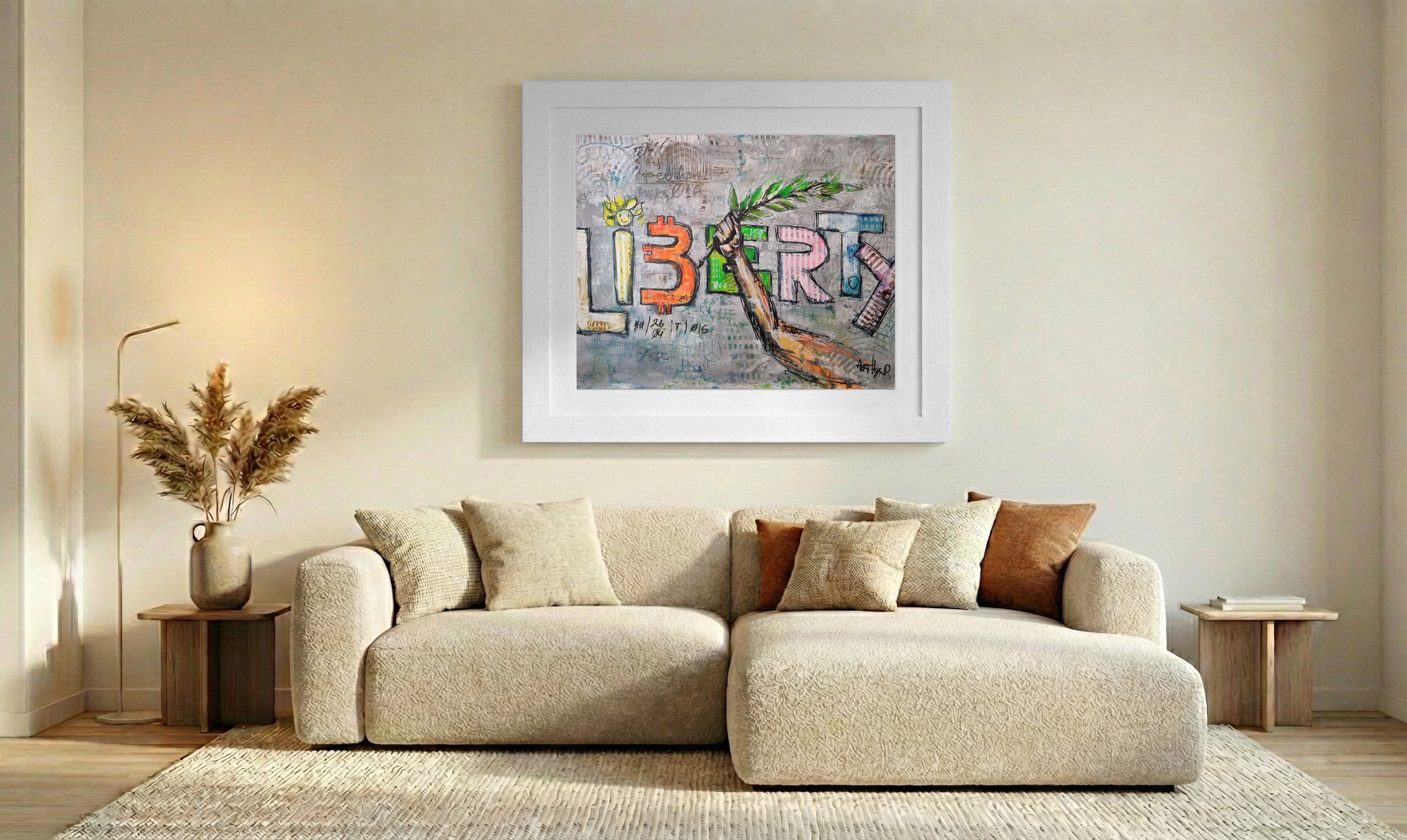 Bold Pink and Green Mixed Media Canvas — art on the wall, room interior preview 2
