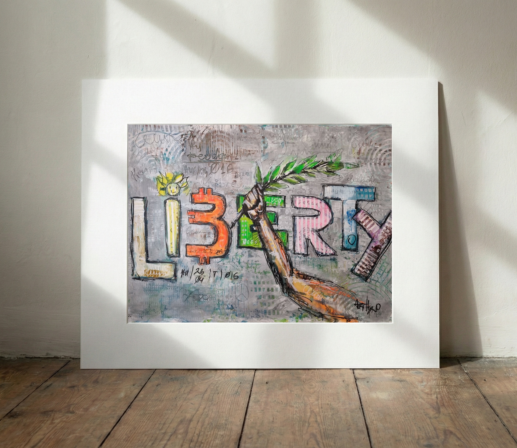 Bold Pink and Green Mixed Media Canvas — art on the wall, room interior preview 3