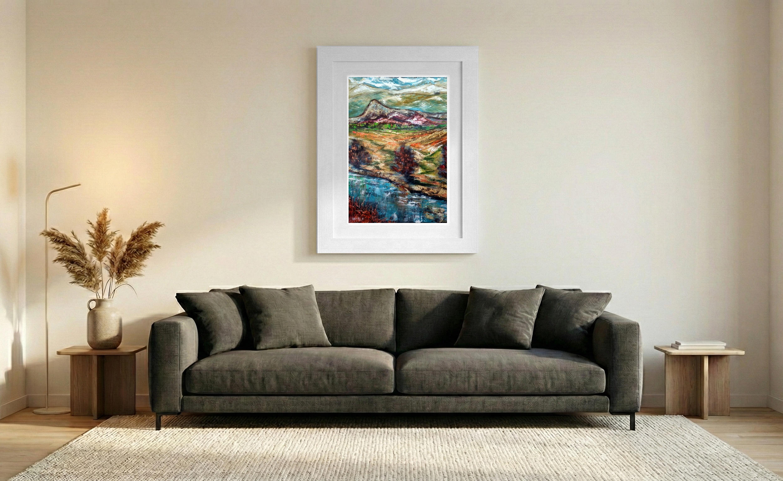 Golden Green Landscape in Acrylic — art on the wall, room interior preview 2