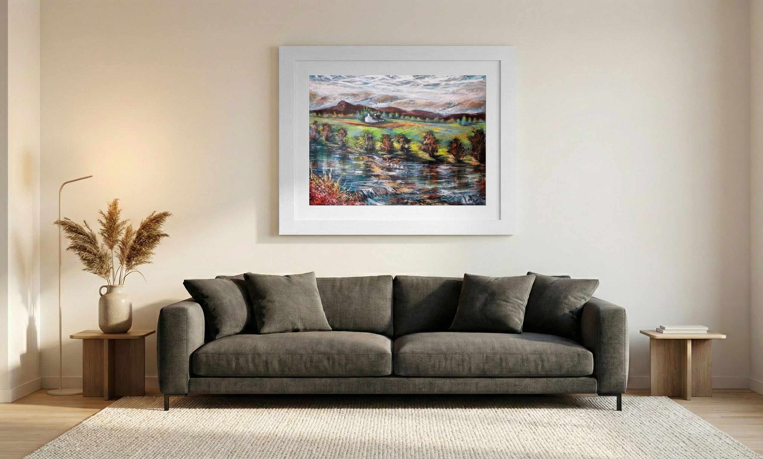 Serene Green and Ochre Landscape Painting — art on the wall, room interior preview 1