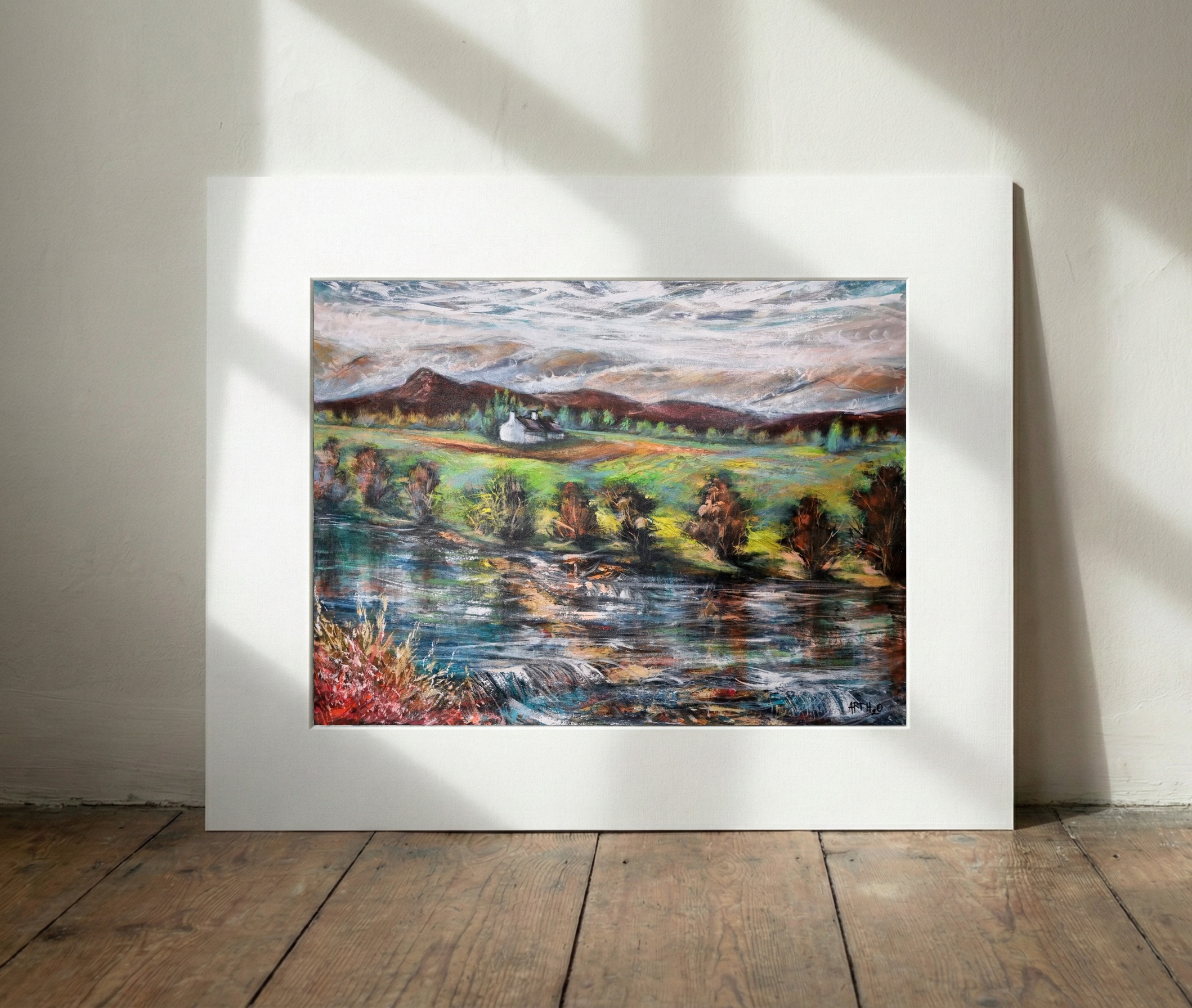 Serene Green and Ochre Landscape Painting — art on the wall, room interior preview 3