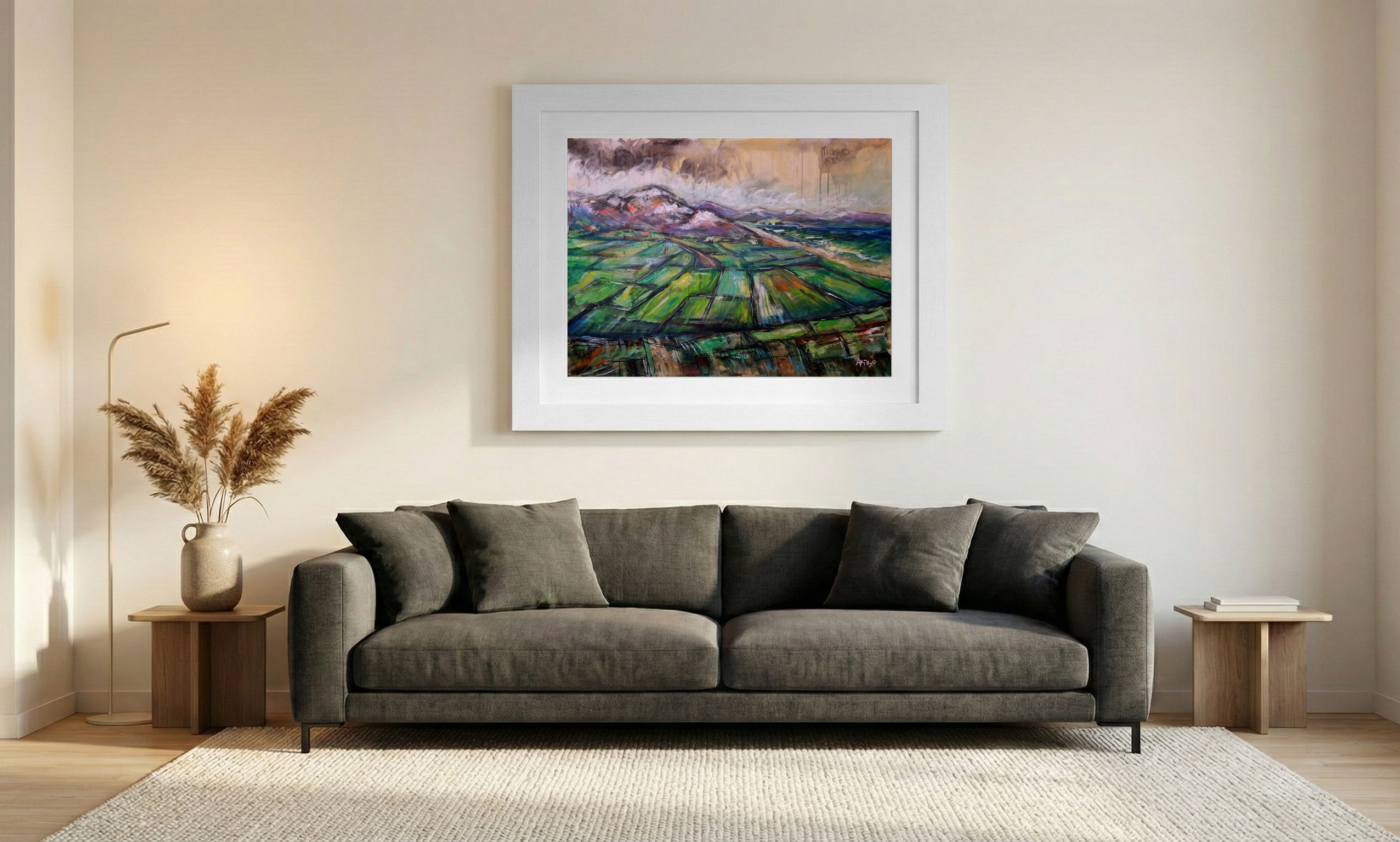 Vibrant Green Acrylic Landscape from Mayo — art on the wall, room interior preview 1
