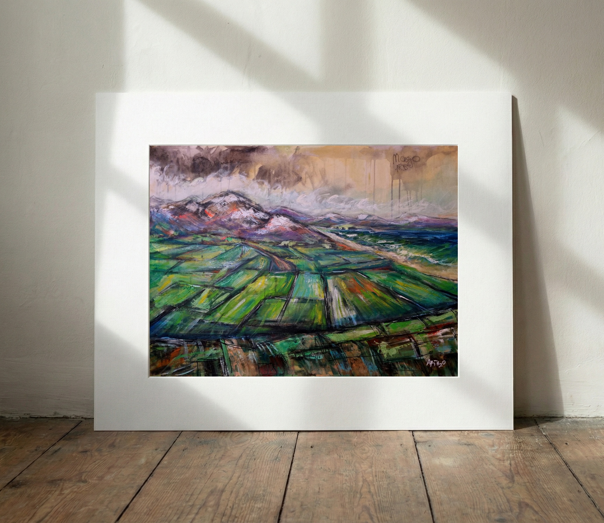 Vibrant Green Acrylic Landscape from Mayo — art on the wall, room interior preview 2