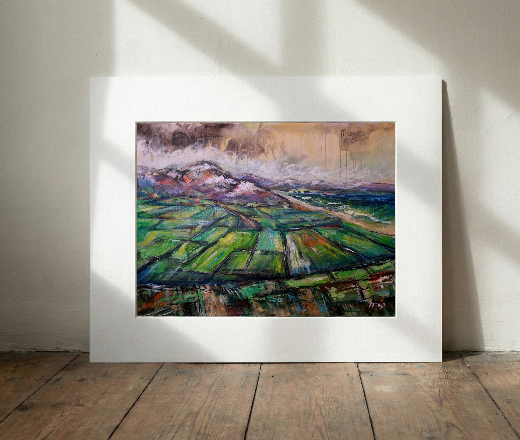 Vibrant Green Acrylic Landscape from Mayo — art on the wall, room interior preview 3
