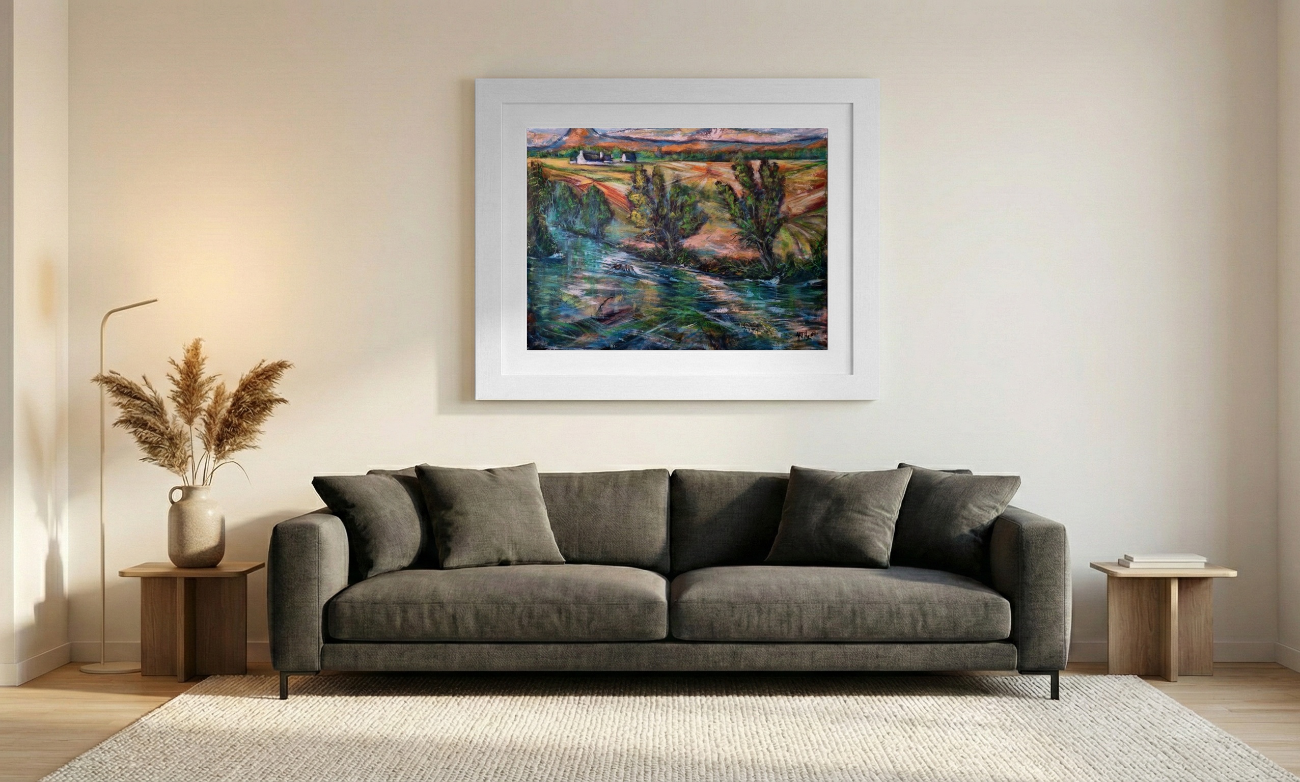 Emerald and Ochre Irish Landscape on Linen Canvas — art on the wall, room interior preview 1