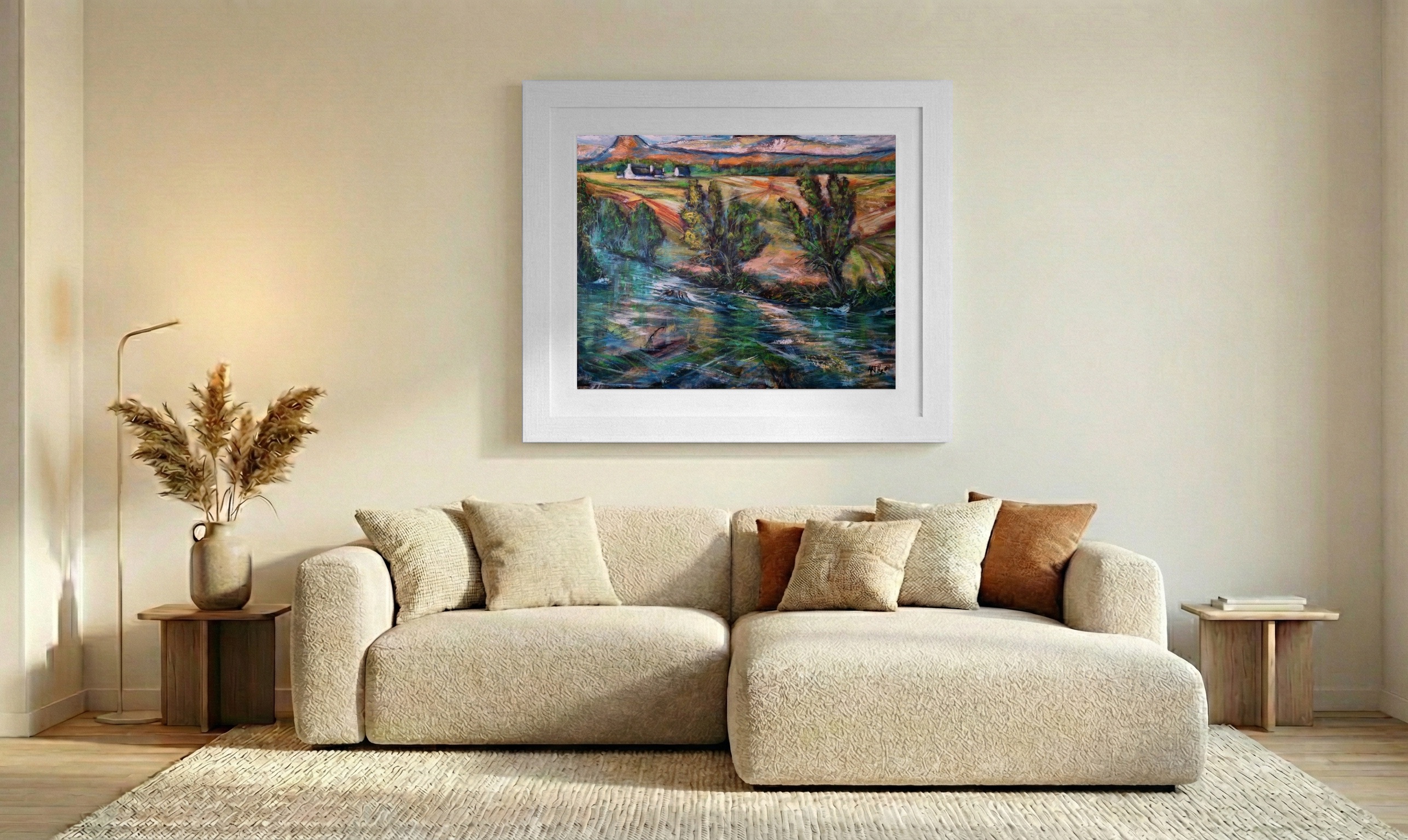 Emerald and Ochre Irish Landscape on Linen Canvas — art on the wall, room interior preview 2