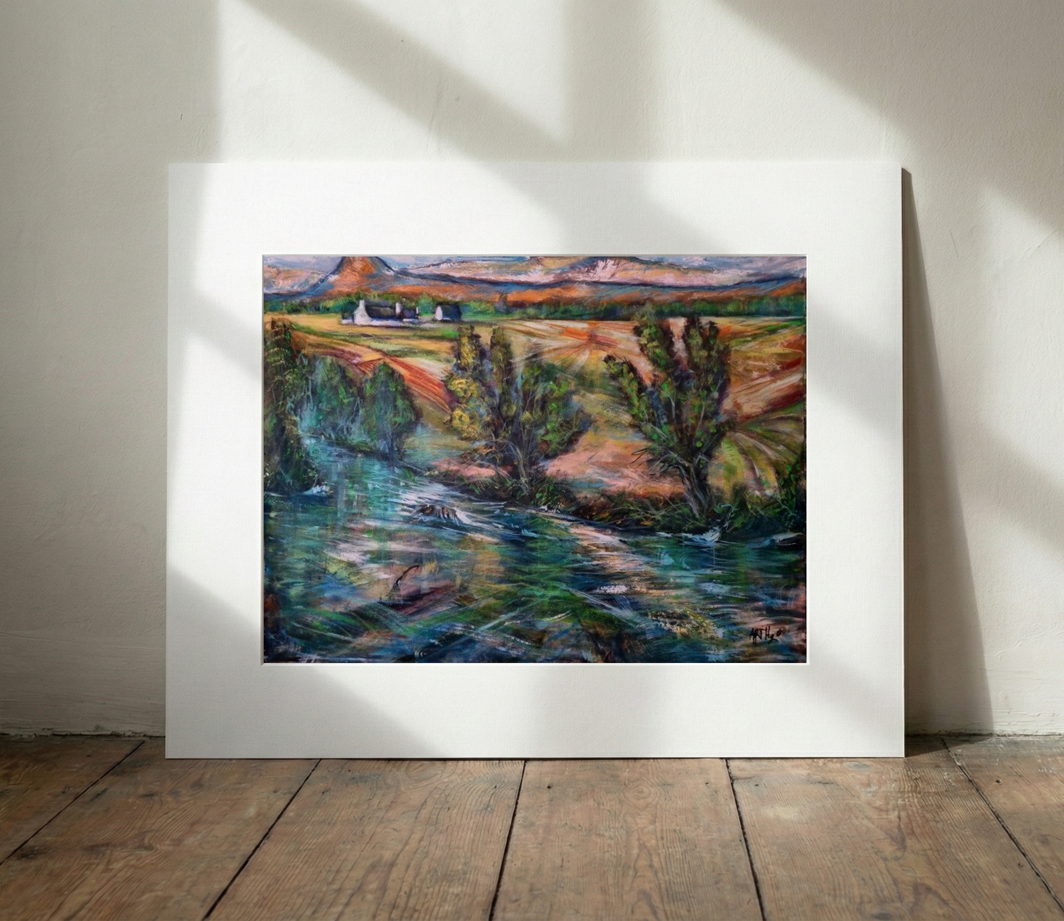 Emerald and Ochre Irish Landscape on Linen Canvas — art on the wall, room interior preview 3