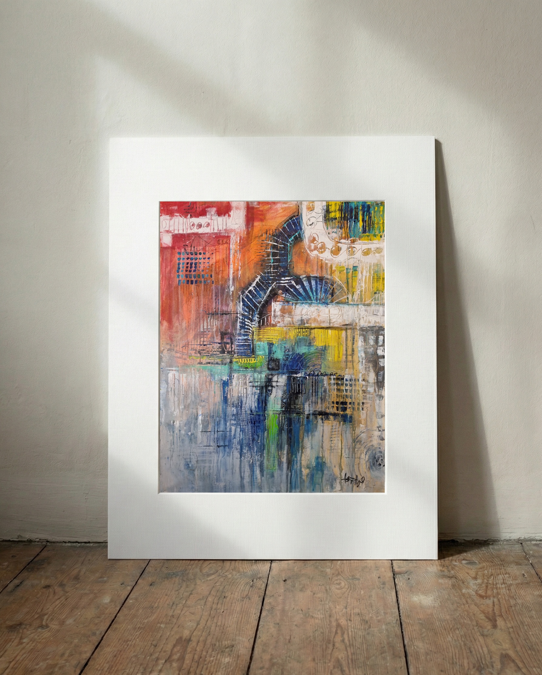 Bold Orange and Blue Abstract Canvas — art on the wall, room interior preview 2