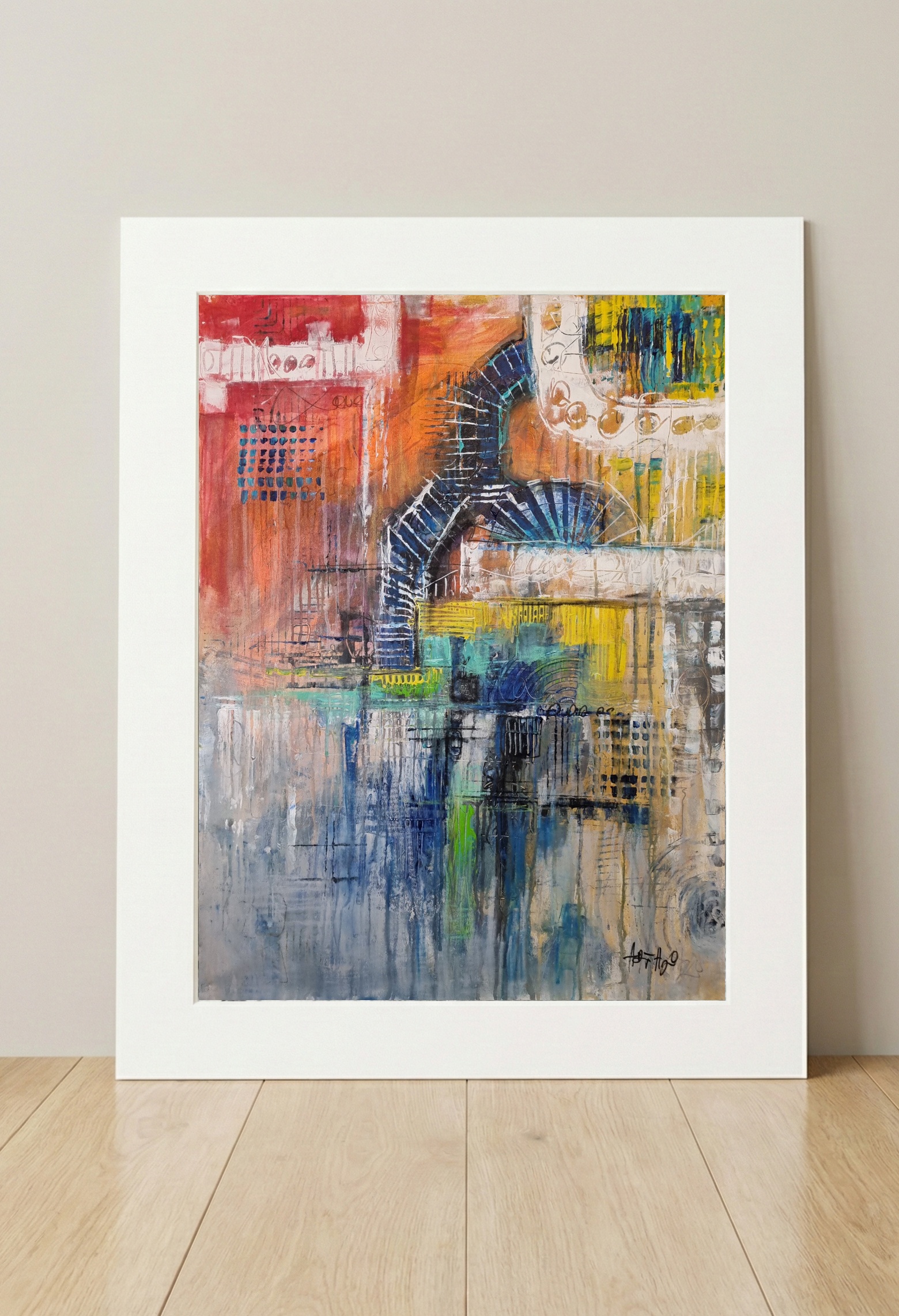 Bold Orange and Blue Abstract Canvas — art on the wall, room interior preview 3