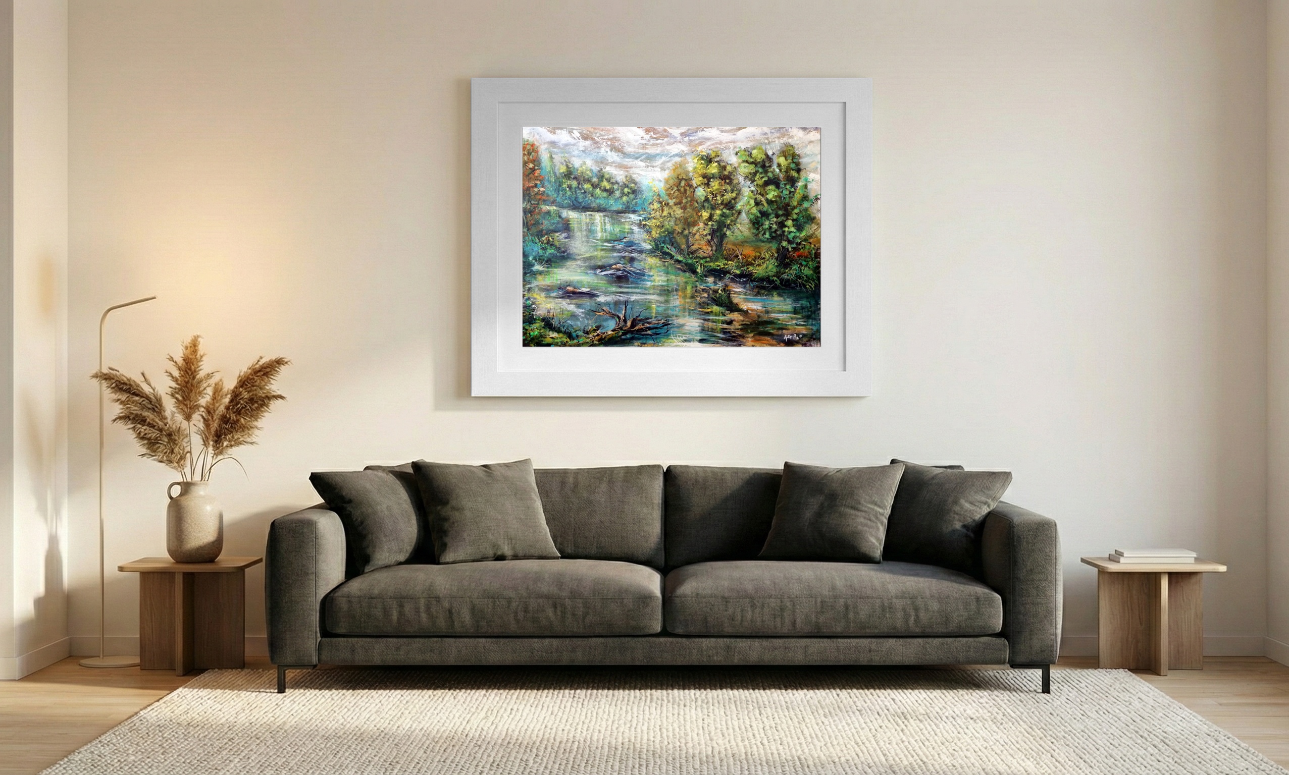 Emerald Green View on Linen Canvas — art on the wall, room interior preview 1
