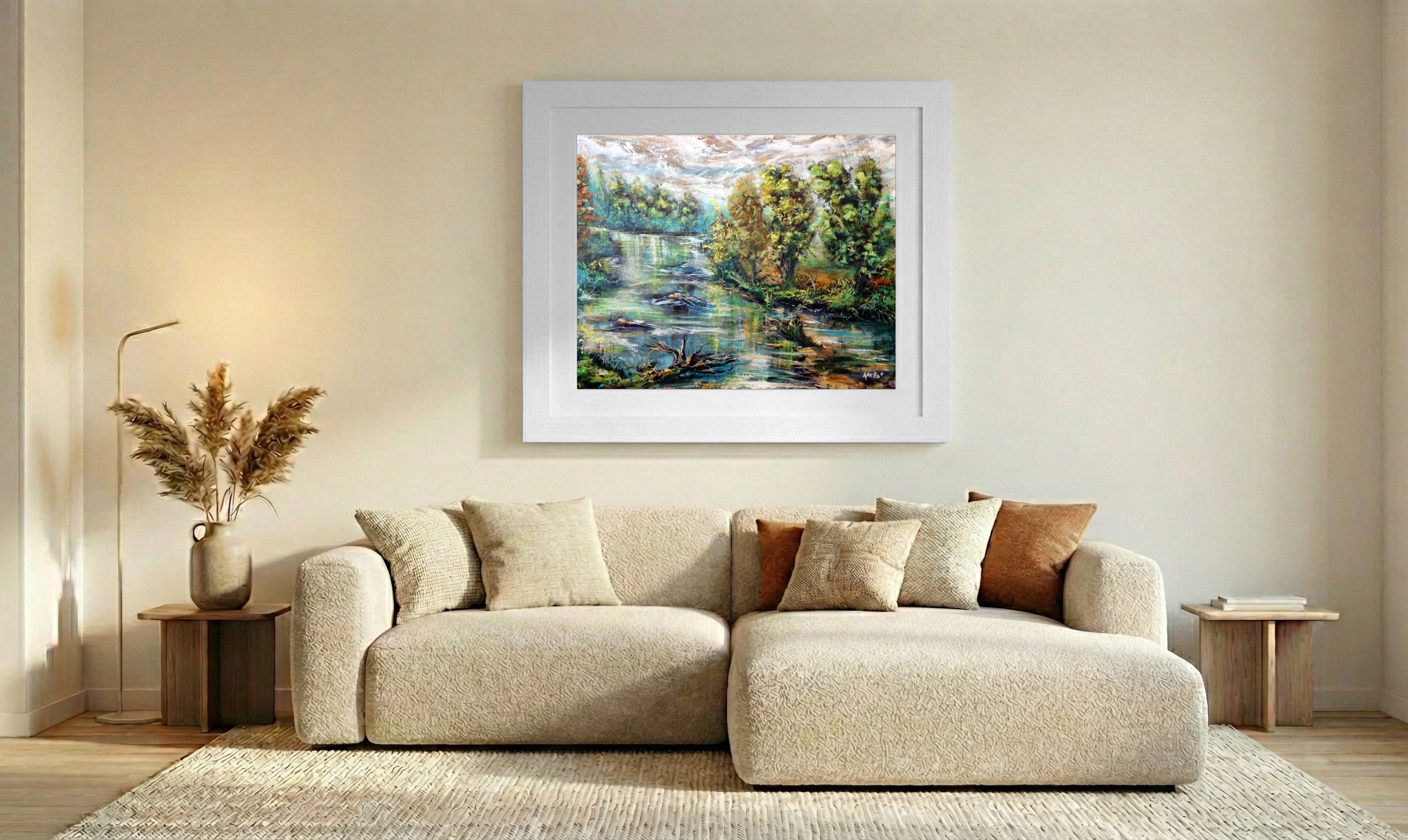 Emerald Green View on Linen Canvas — art on the wall, room interior preview 2