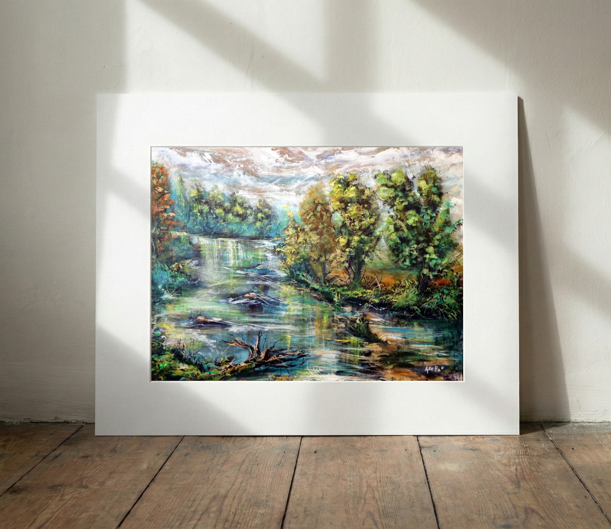 Emerald Green View on Linen Canvas — art on the wall, room interior preview 3