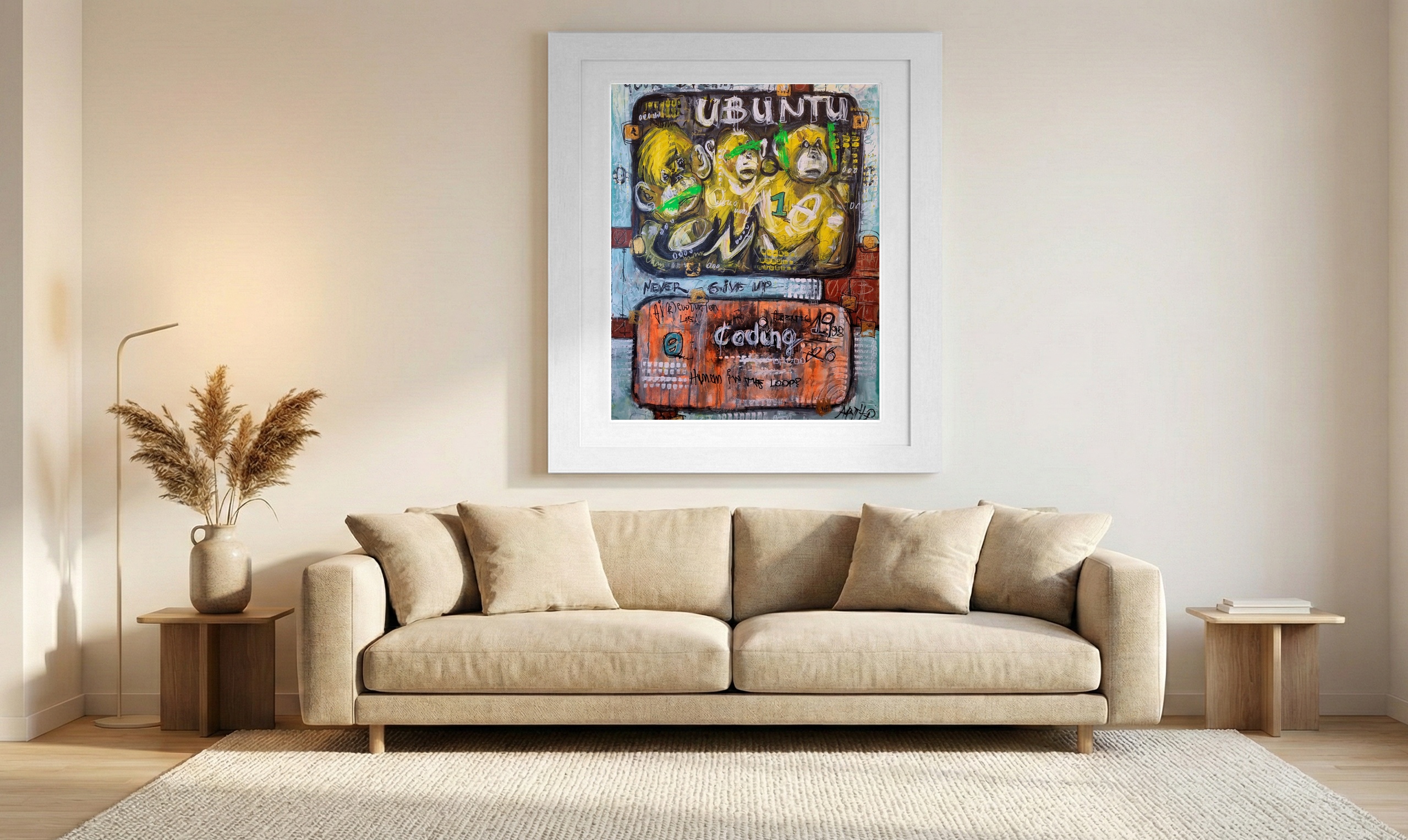 Vivid Yellow Monkeys on Linen Canvas — art on the wall, room interior preview 1