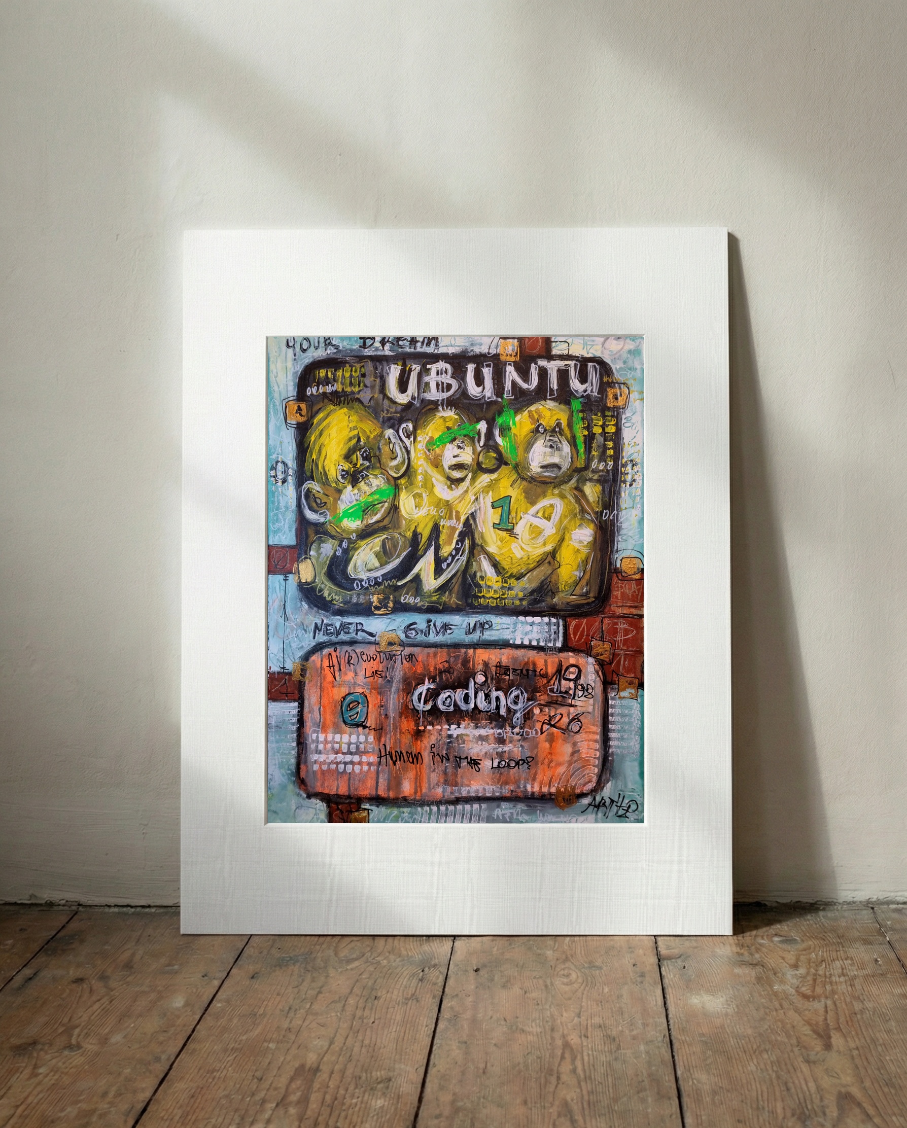 Vivid Yellow Monkeys on Linen Canvas — art on the wall, room interior preview 3