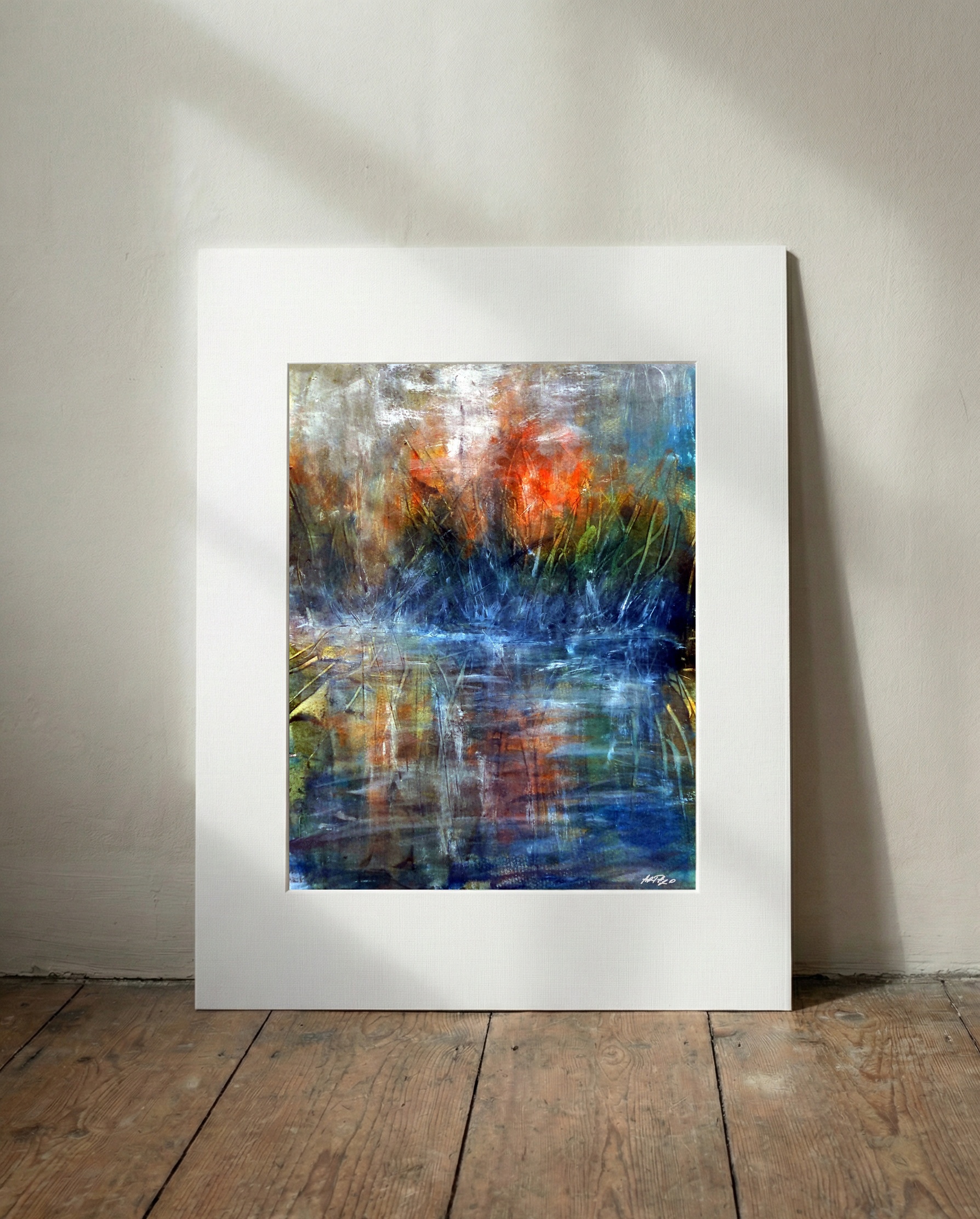 Burnt Orange and Blue Riverbank Scene — art on the wall, room interior preview 2