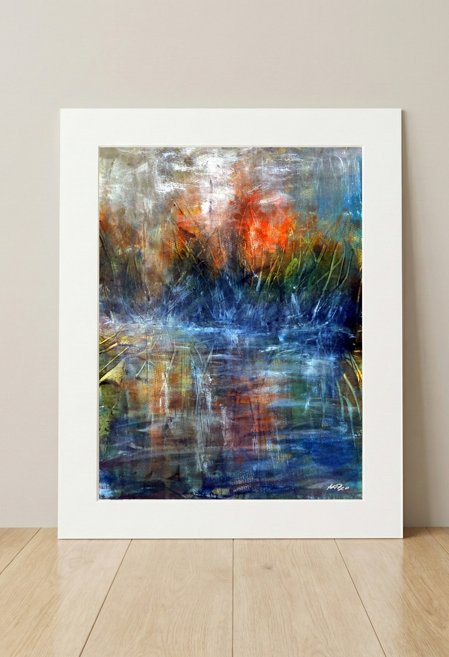 Burnt Orange and Blue Riverbank Scene — art on the wall, room interior preview 3