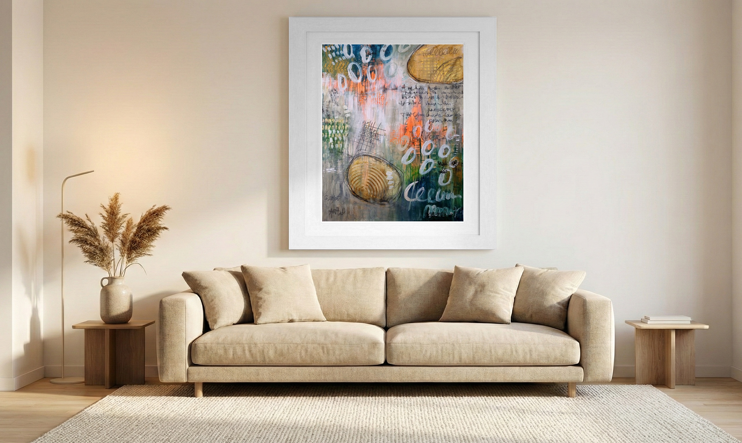 Burnt Orange and Green Abstract on Linen Canvas — art on the wall, room interior preview 1