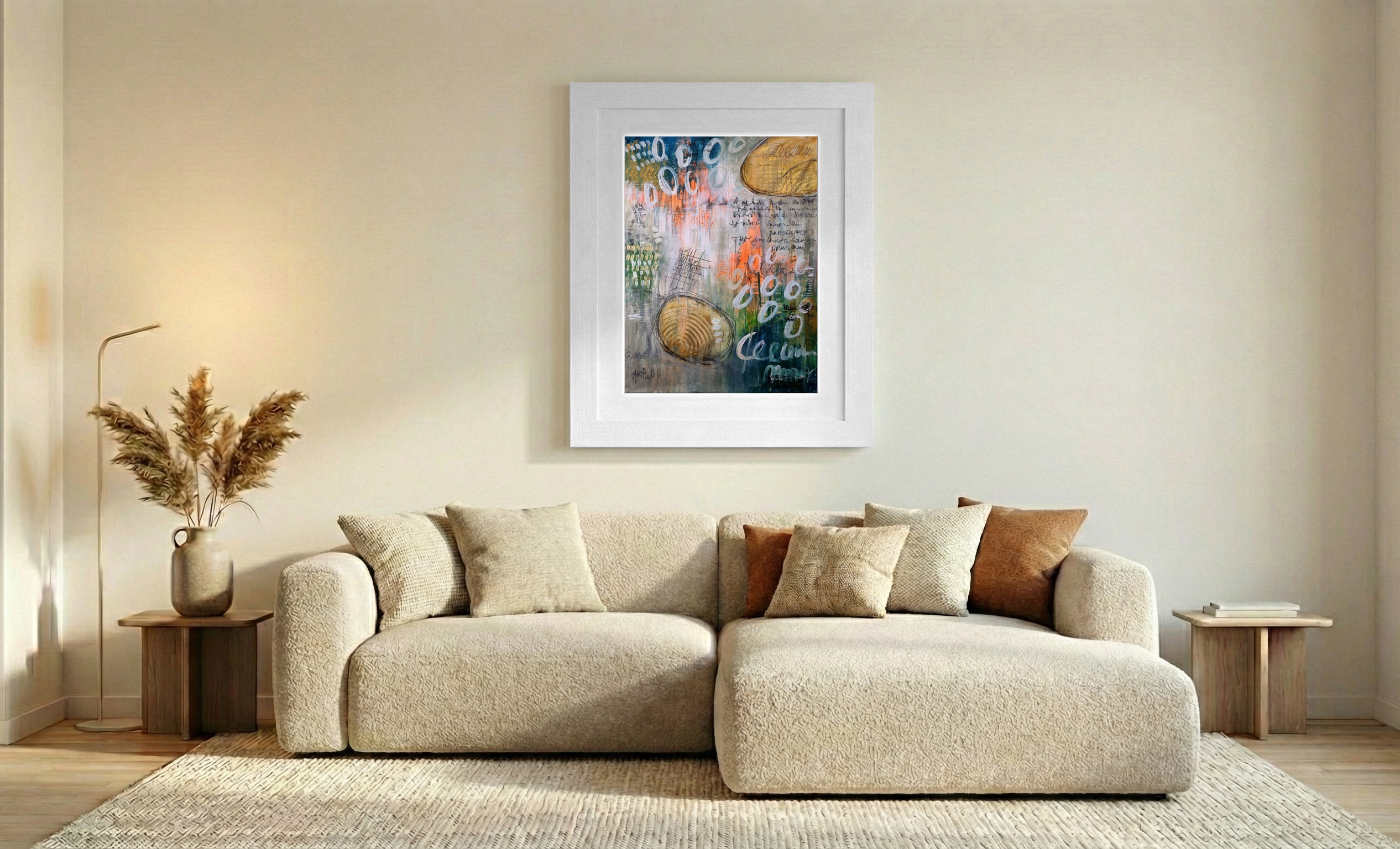 Burnt Orange and Green Abstract on Linen Canvas — art on the wall, room interior preview 2