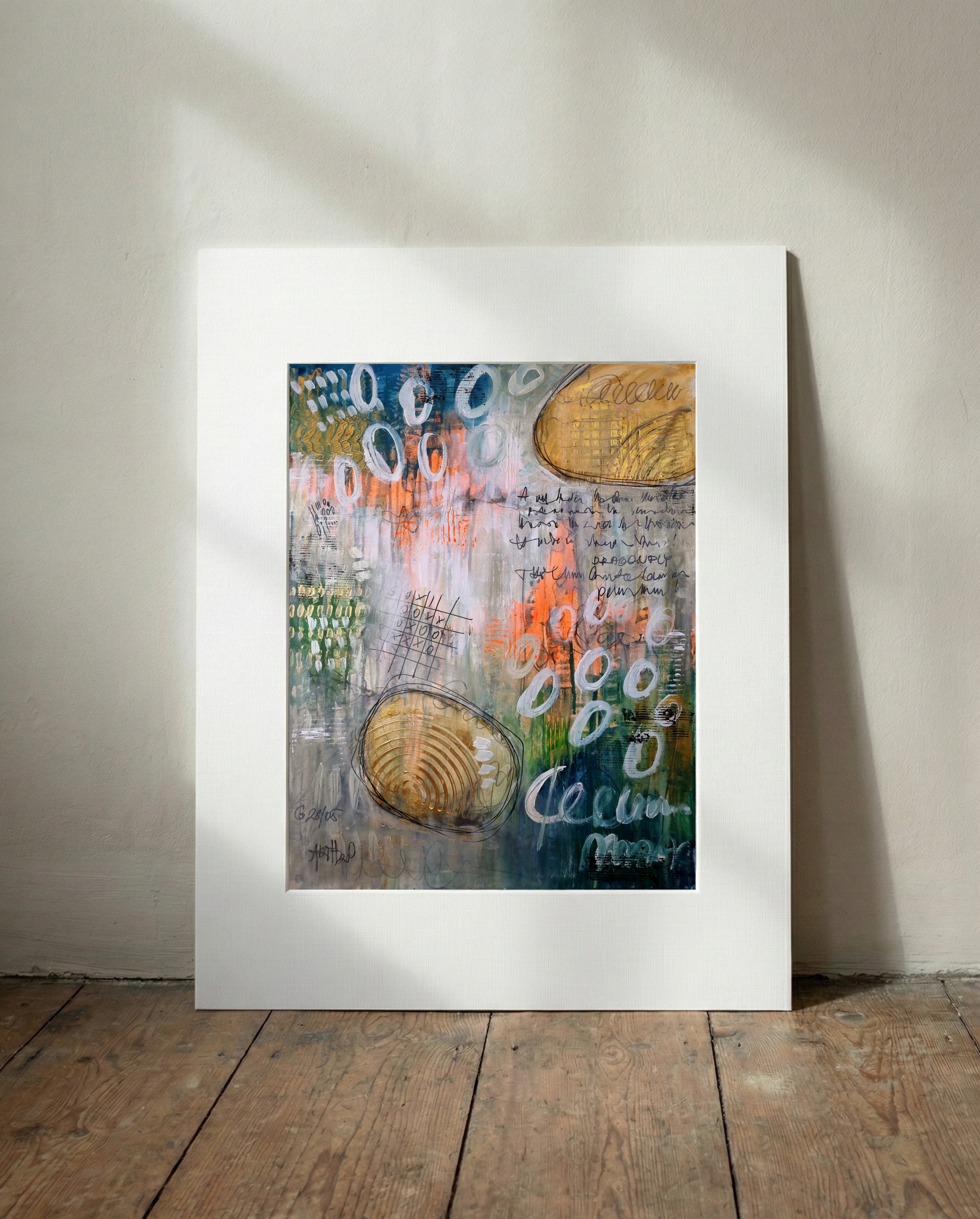 Burnt Orange and Green Abstract on Linen Canvas — art on the wall, room interior preview 3