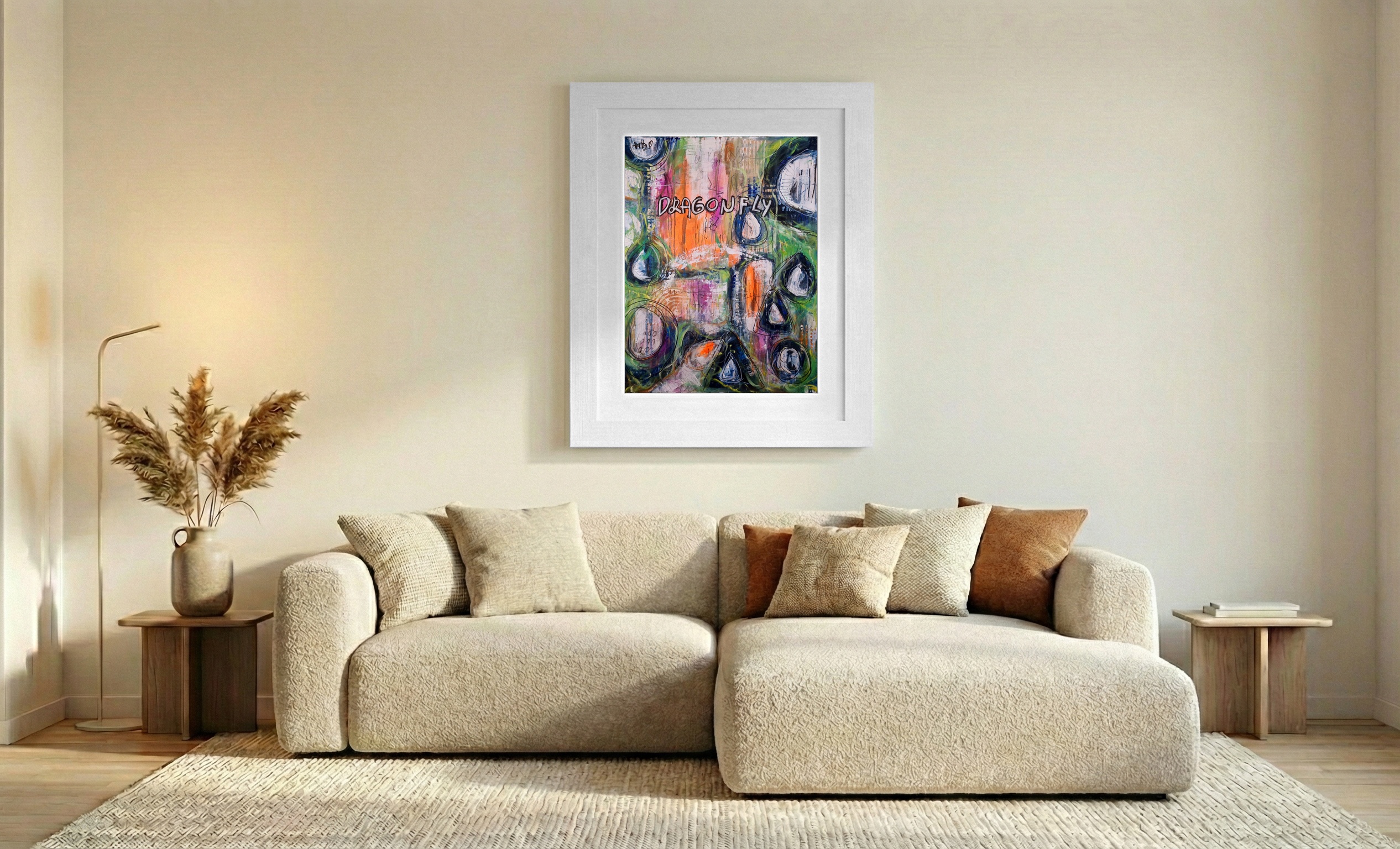 Bright Orange and Green Acrylic Dragonfly Abstract — art on the wall, room interior preview 2