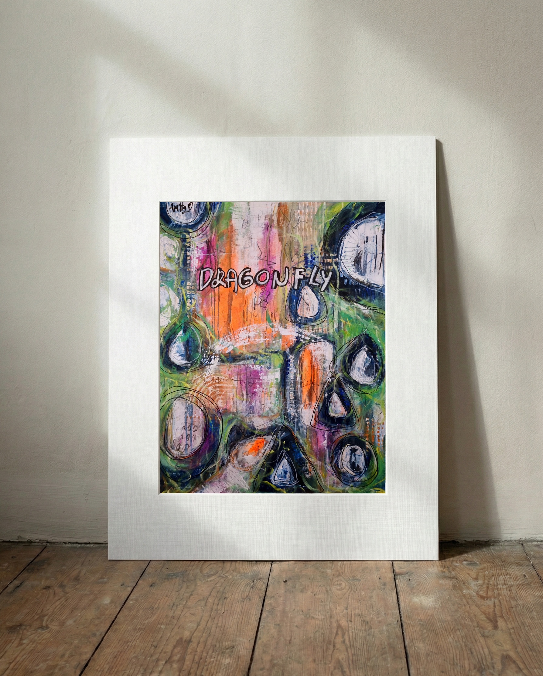 Bright Orange and Green Acrylic Dragonfly Abstract — art on the wall, room interior preview 3