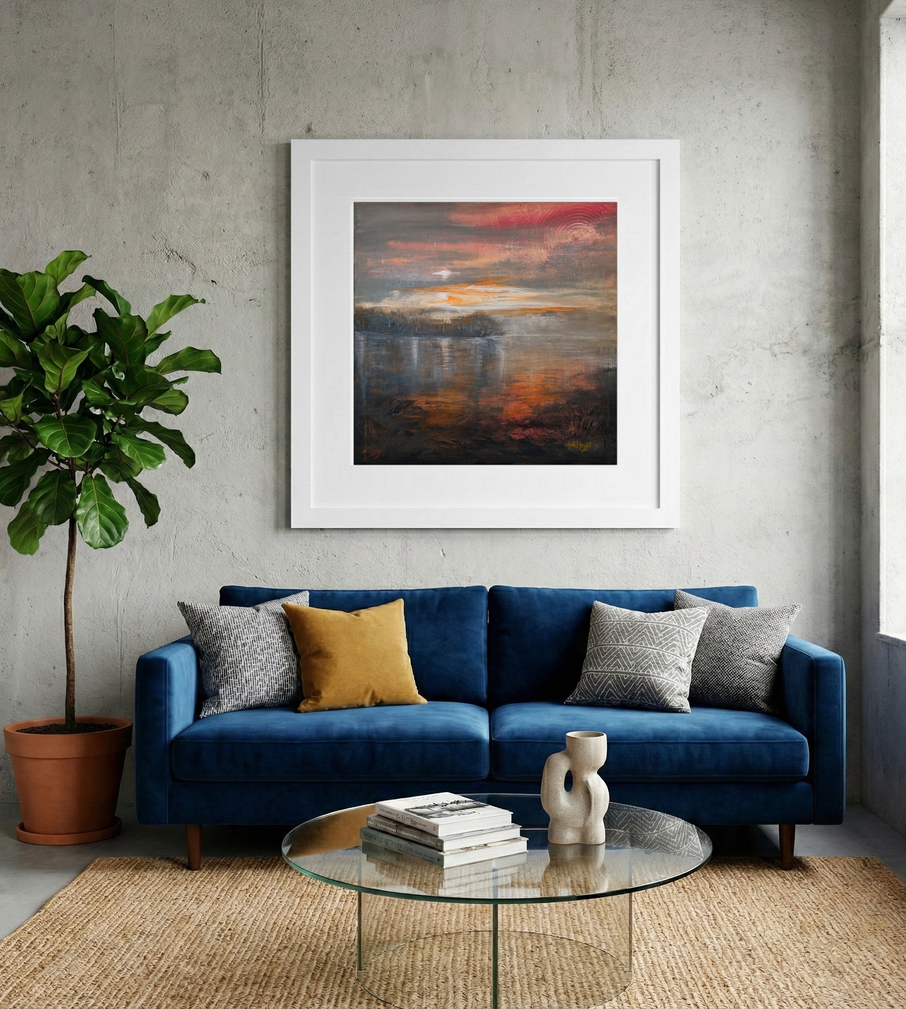 Orange and Gray Riverbank Impression — art on the wall, room interior preview 2