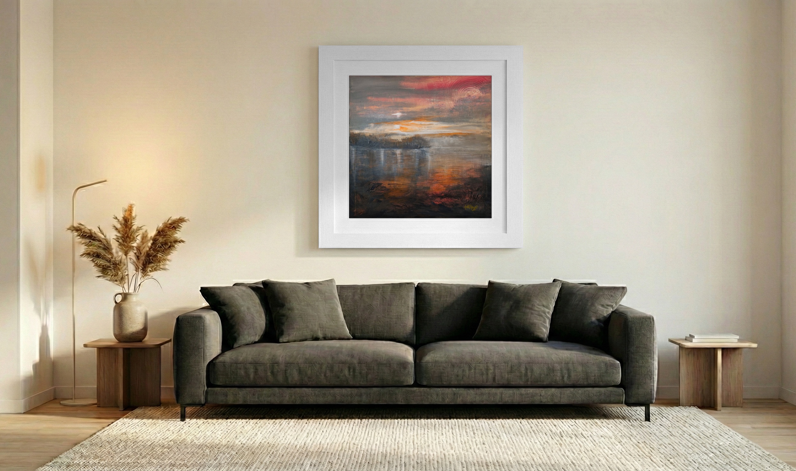 Orange and Gray Riverbank Impression — art on the wall, room interior preview 3