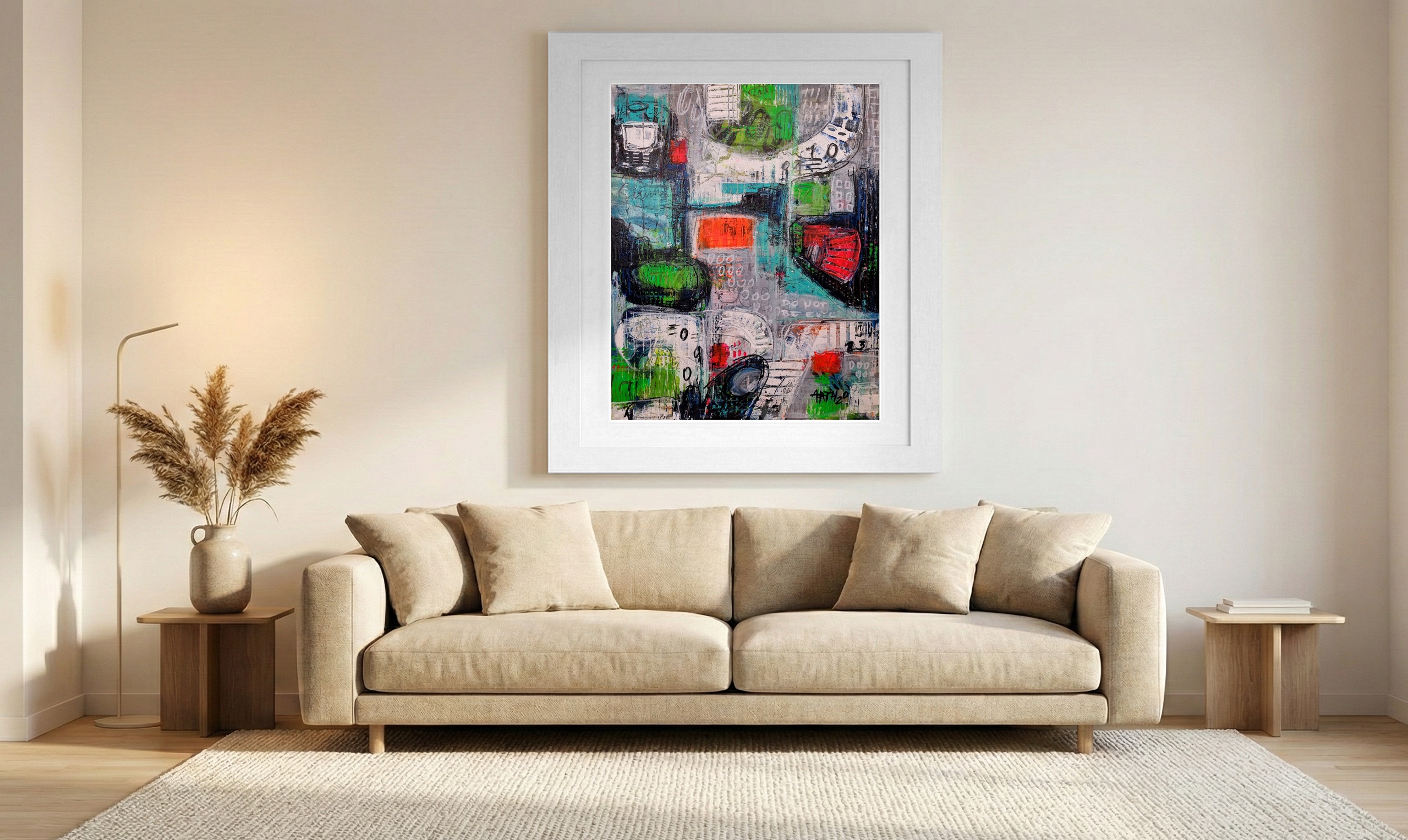 Bold Red and Green Abstract on Linen Canvas — art on the wall, room interior preview 1