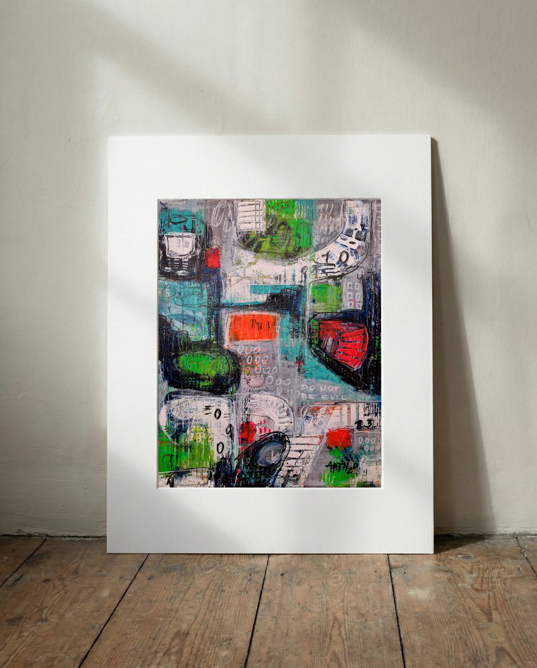 Bold Red and Green Abstract on Linen Canvas — art on the wall, room interior preview 3