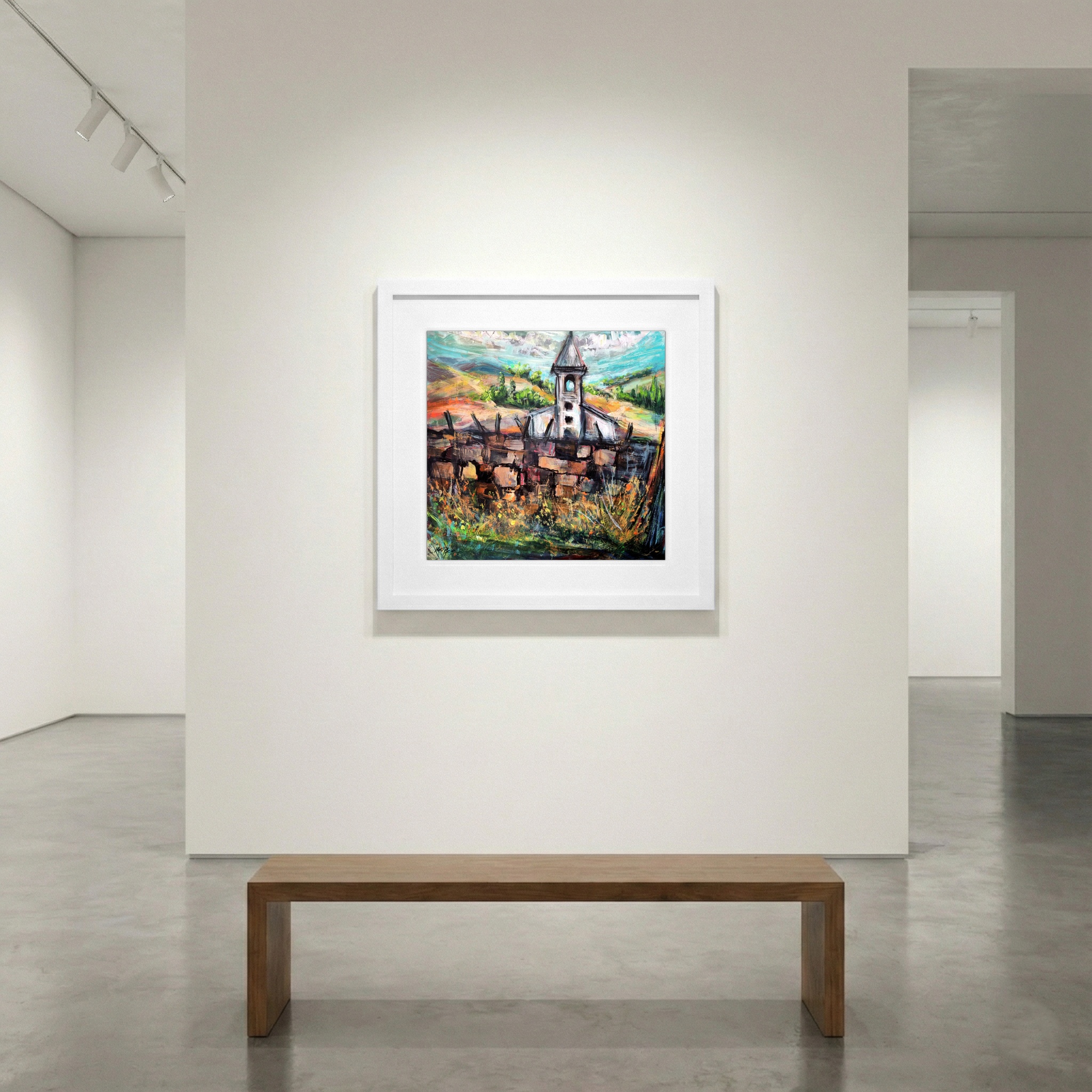 Lively Green Landscape with Church in Hungary — art on the wall, room interior preview 1