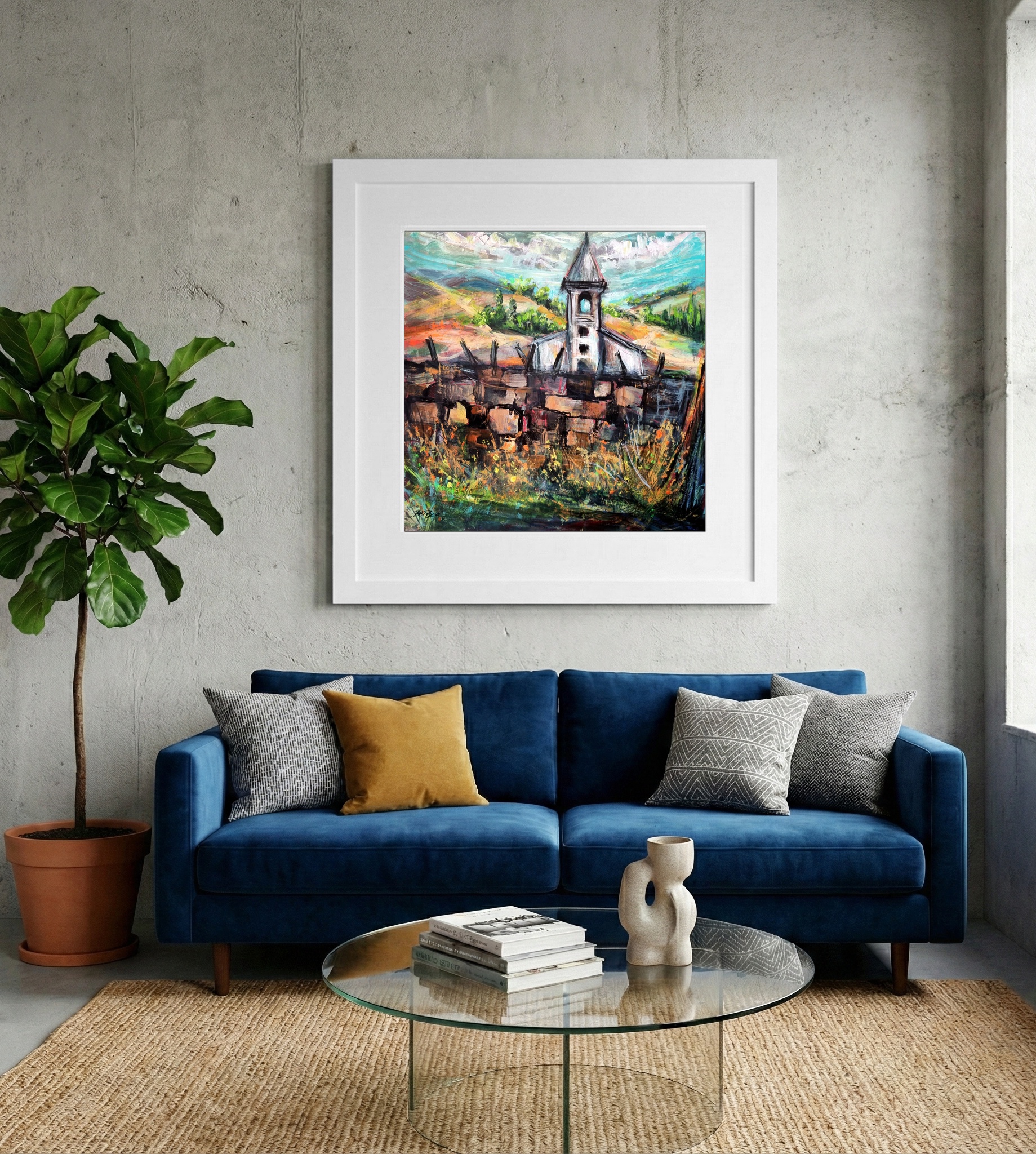 Lively Green Landscape with Church in Hungary — art on the wall, room interior preview 2