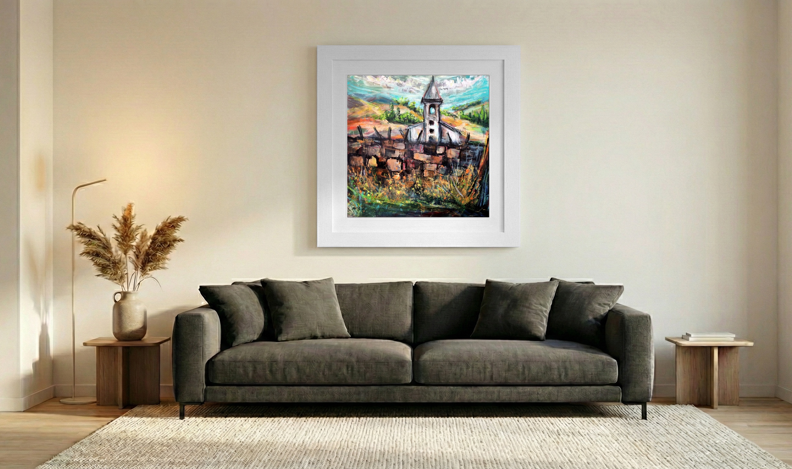 Lively Green Landscape with Church in Hungary — art on the wall, room interior preview 3