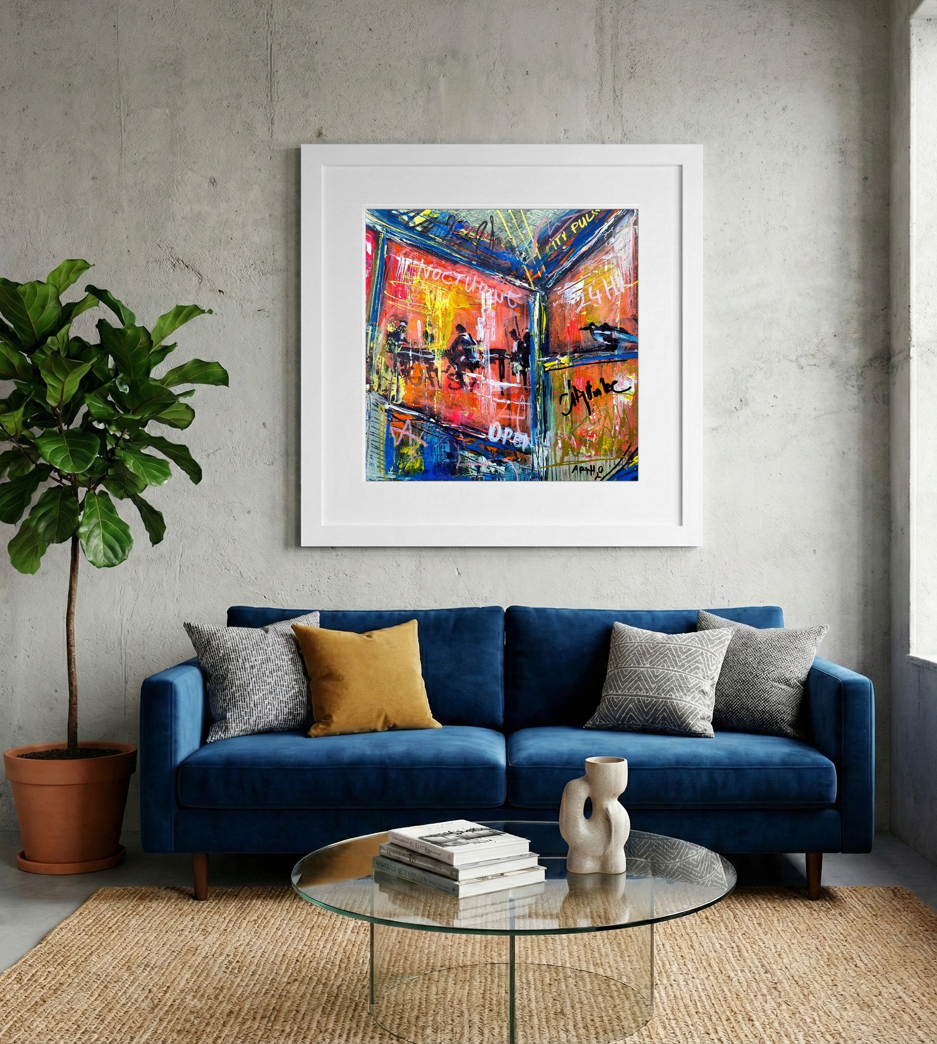 Bold Orange and Blue Acrylic on Cardboard — art on the wall, room interior preview 2